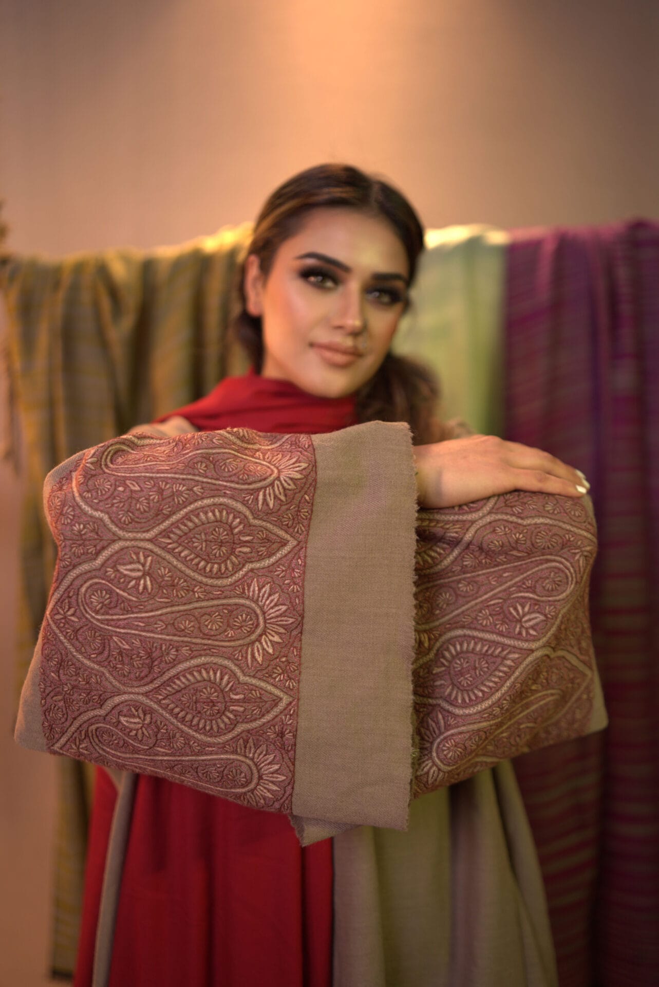 Beige  Sozni Embroidered Pheran Pants Wool Stole
