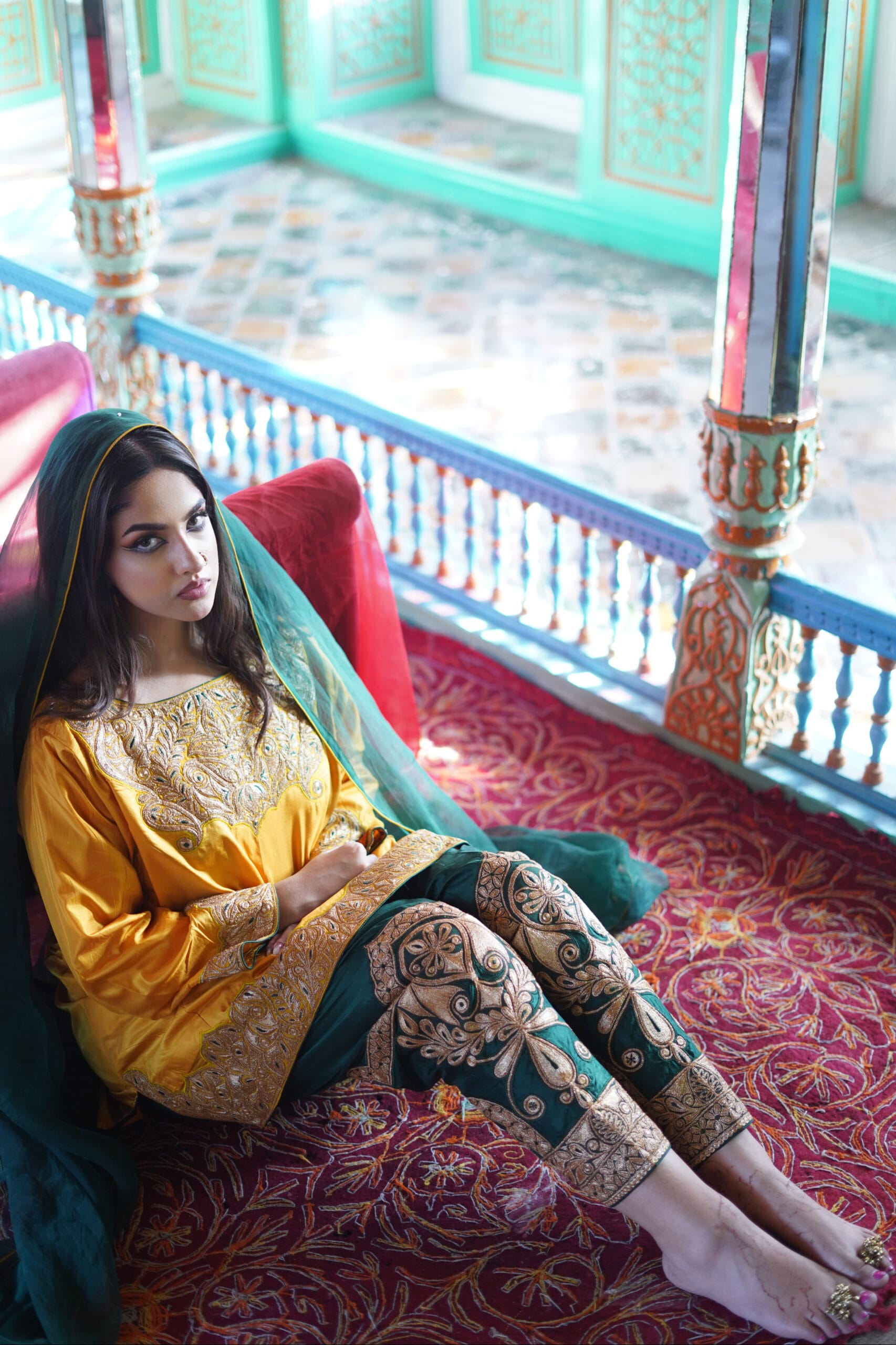 Green Silk  Tilla Embroidered Pheran Salwar Organza Dupatta