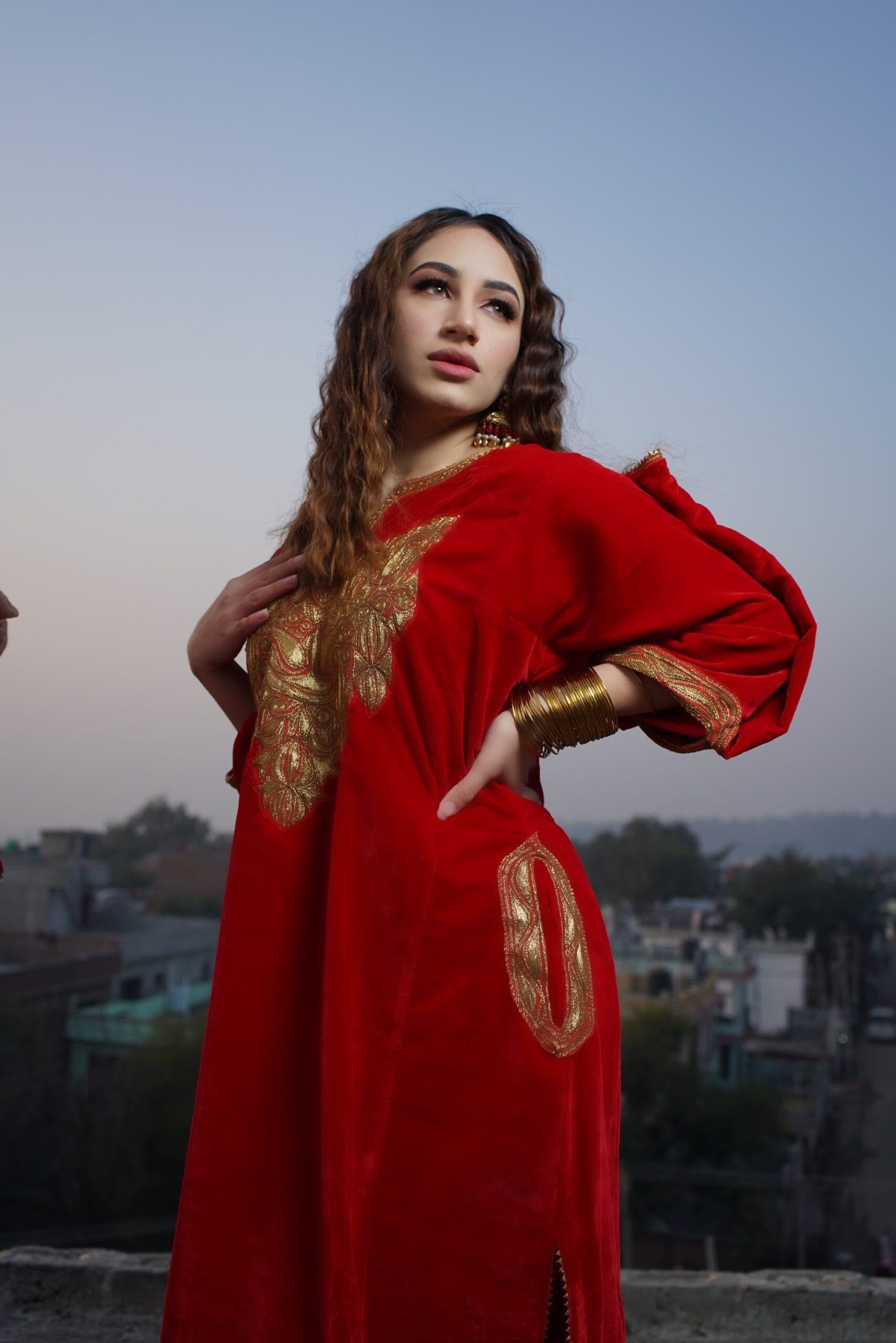 Aroob Khan in Maroon Tilla Embroidered Qurab Sleeved Pheran Salwar