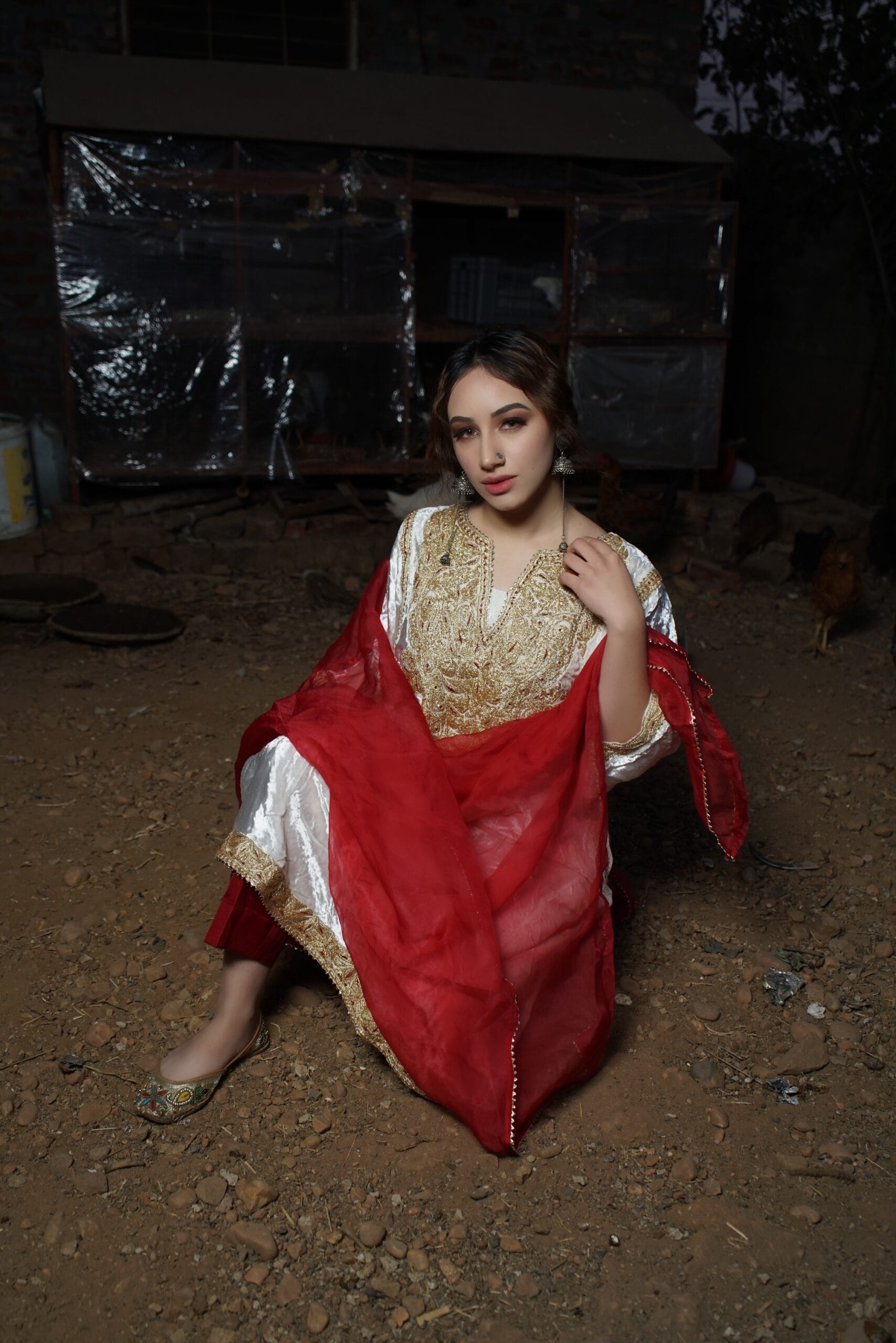 Aroob Khan in White Tilla Embroidered Qurab Pheran Salwar Organza Dupatta