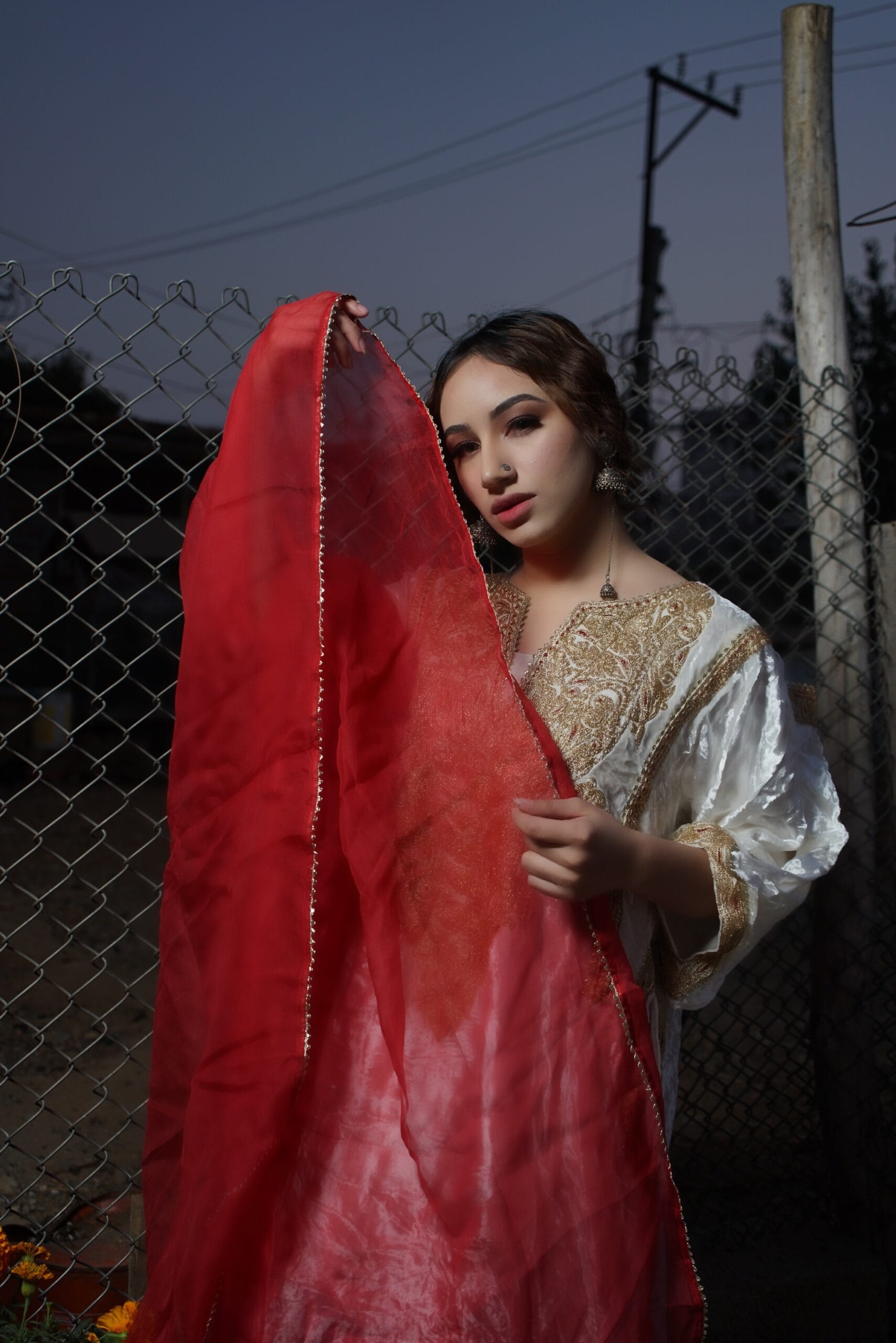 Aroob Khan in White Tilla Embroidered Qurab Pheran Salwar Organza Dupatta