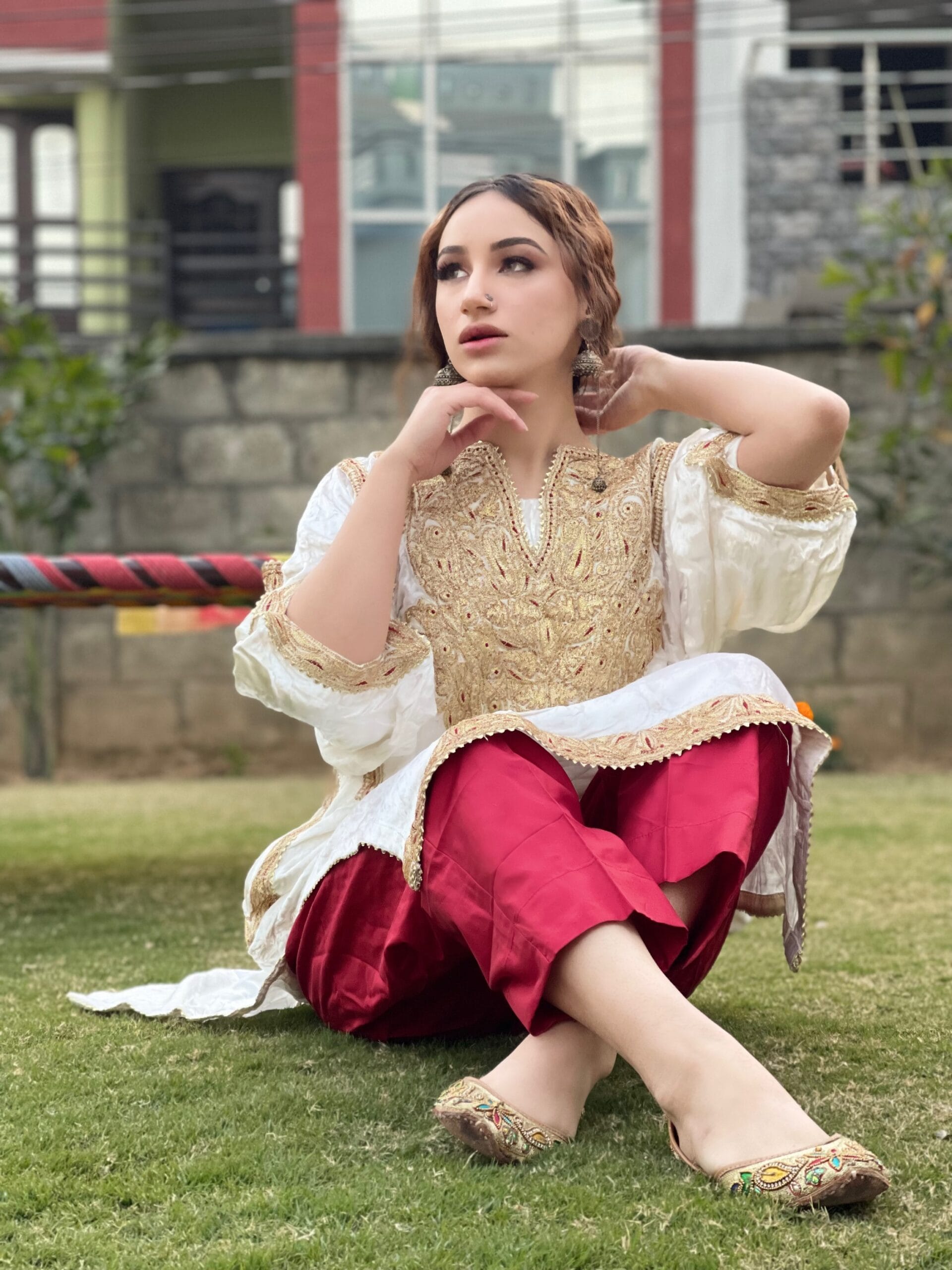 Aroob Khan in White Tilla Embroidered Qurab Pheran Salwar Organza Dupatta