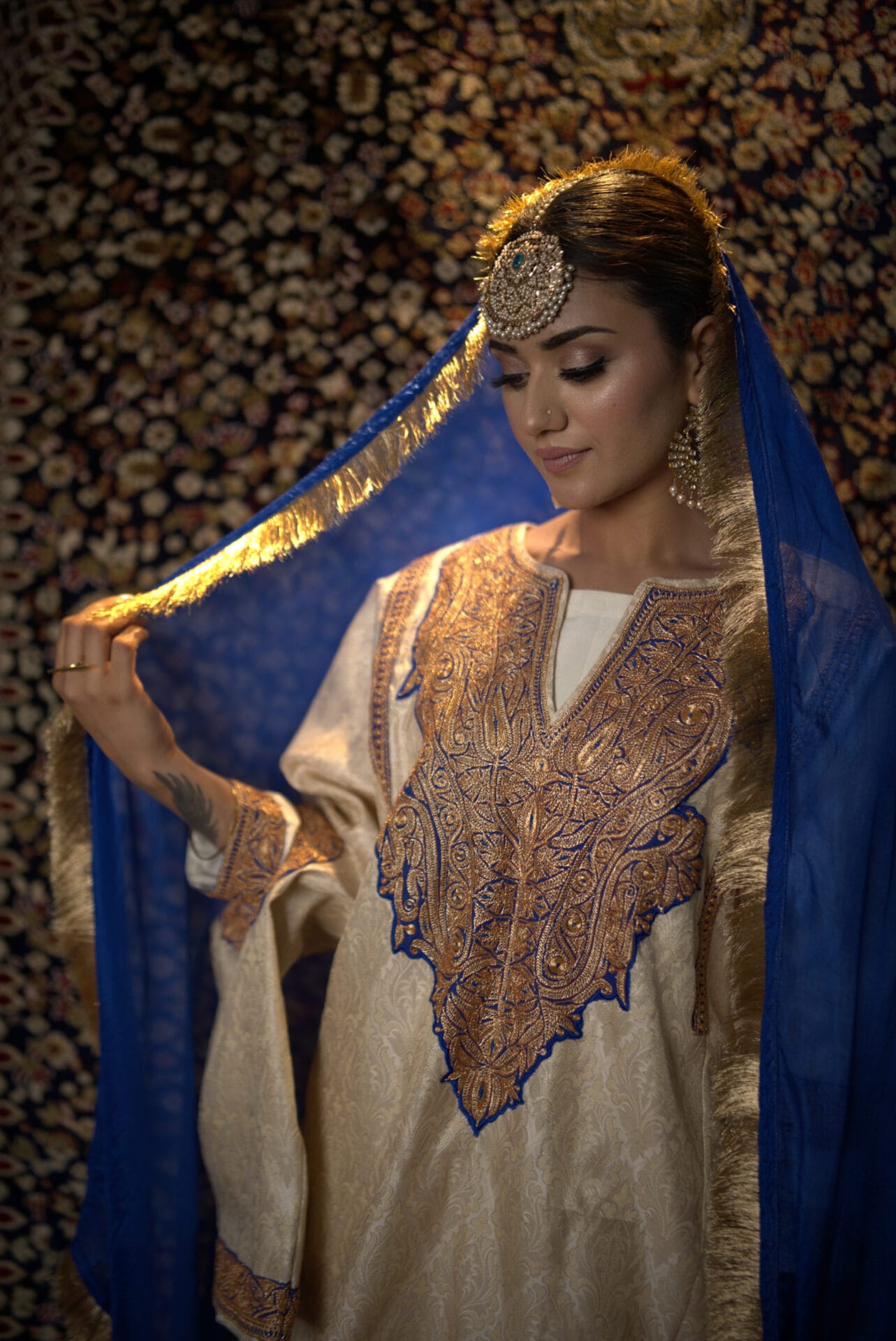 Ivory Hand Embroidered Pheran Pants  Organza Dupatta