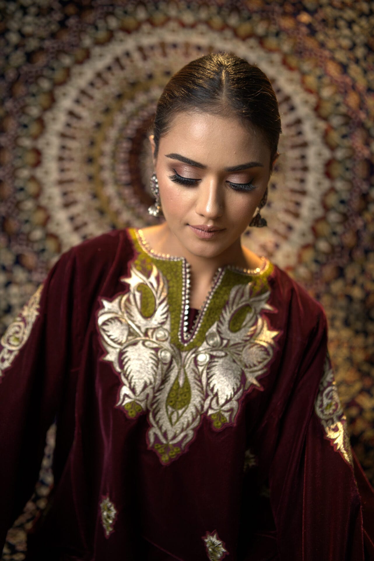 Maroon Zari Embroidered Pheran Salwar Tissue Dupatta