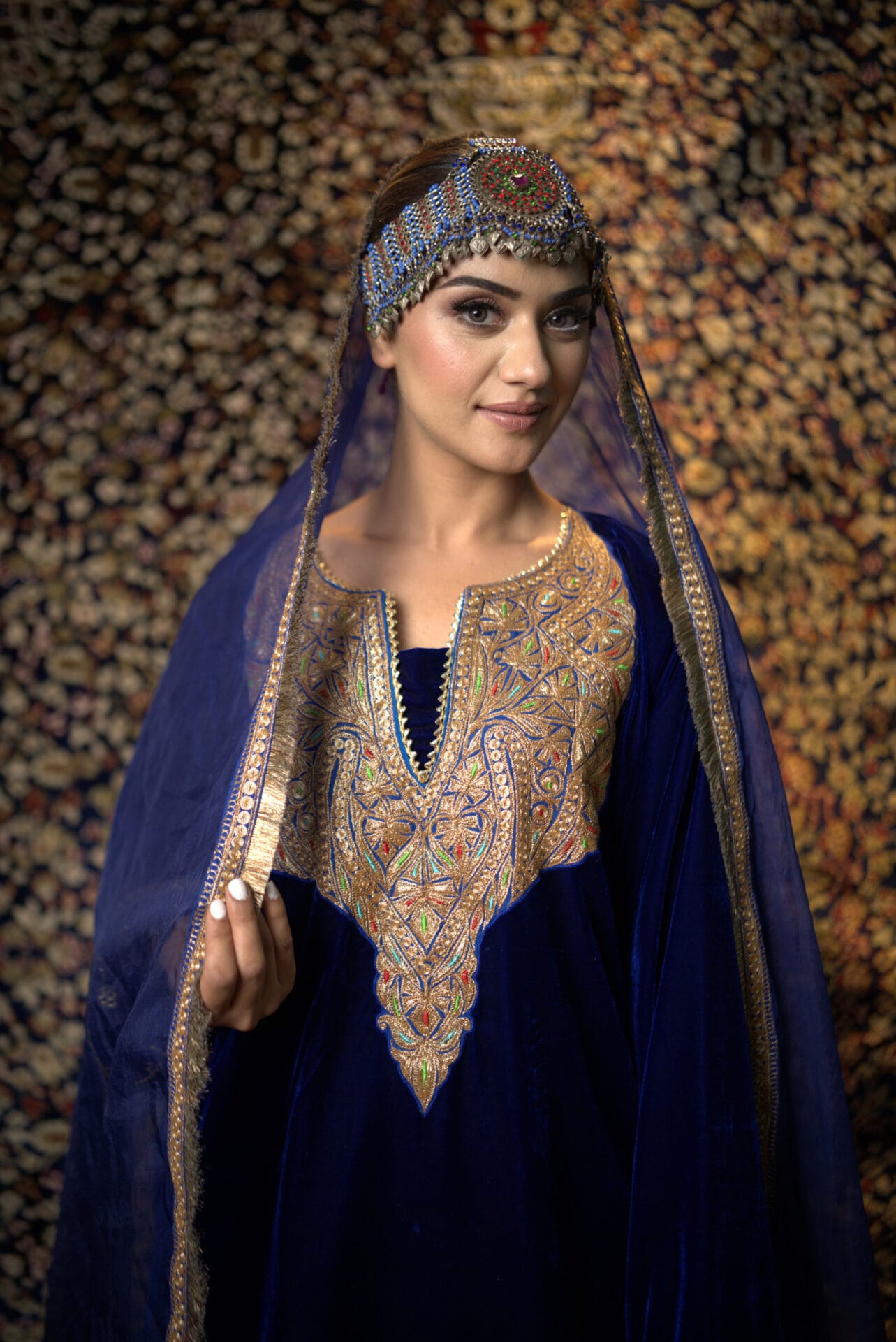 Royal Blue Tilla Embroidered Pheran Salwar Organza Dupatta