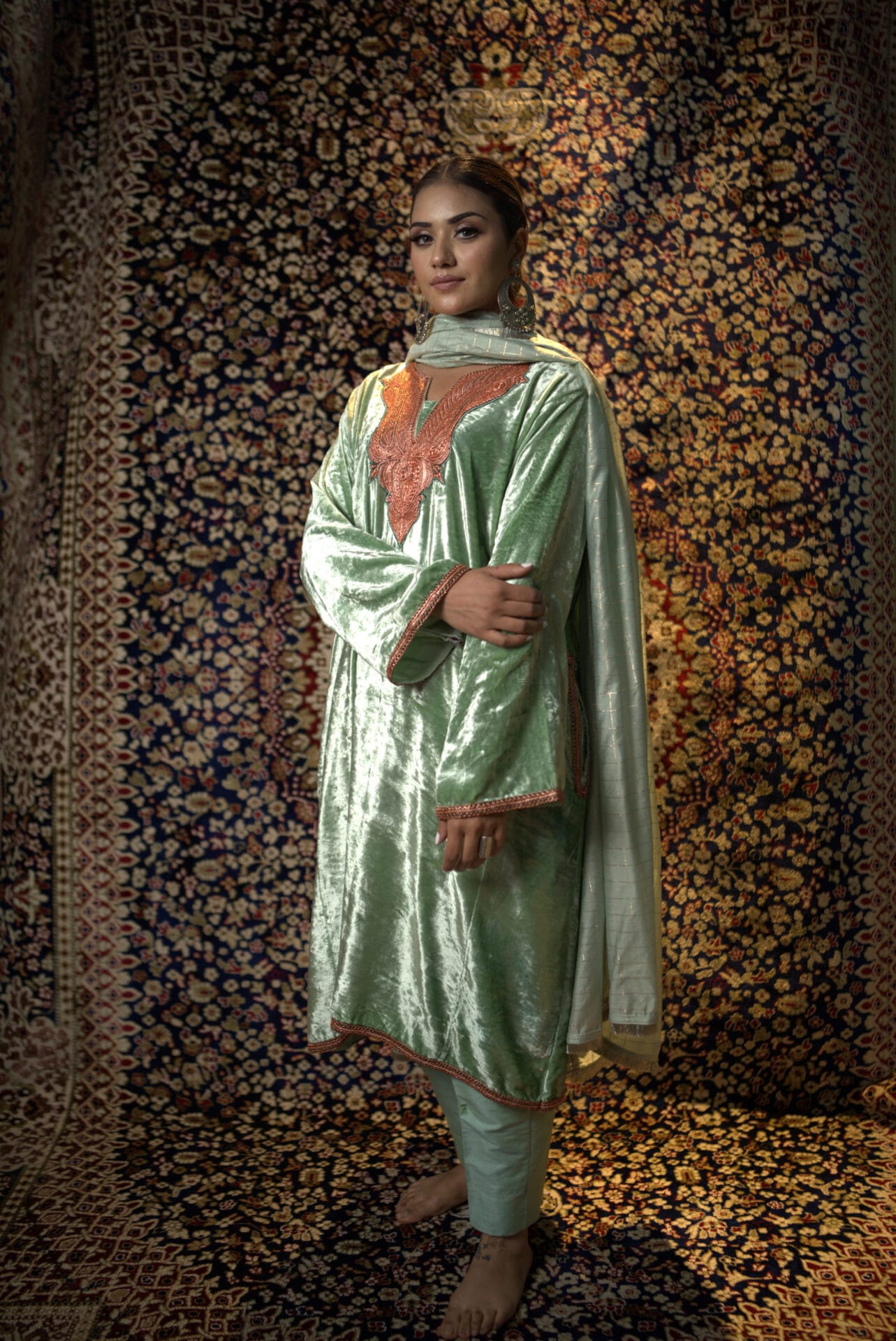 Sage Green Handtilla Embroidered Pheran Pants Organza Dupatta