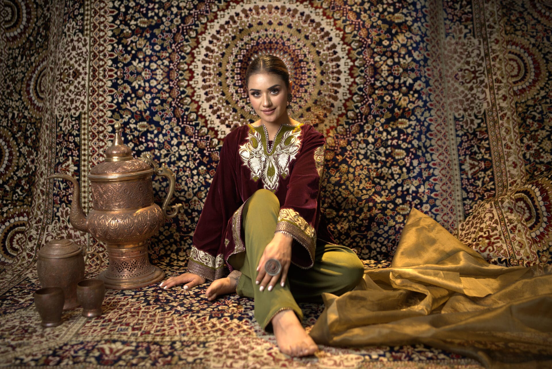 Maroon Zari Embroidered Pheran Salwar Tissue Dupatta