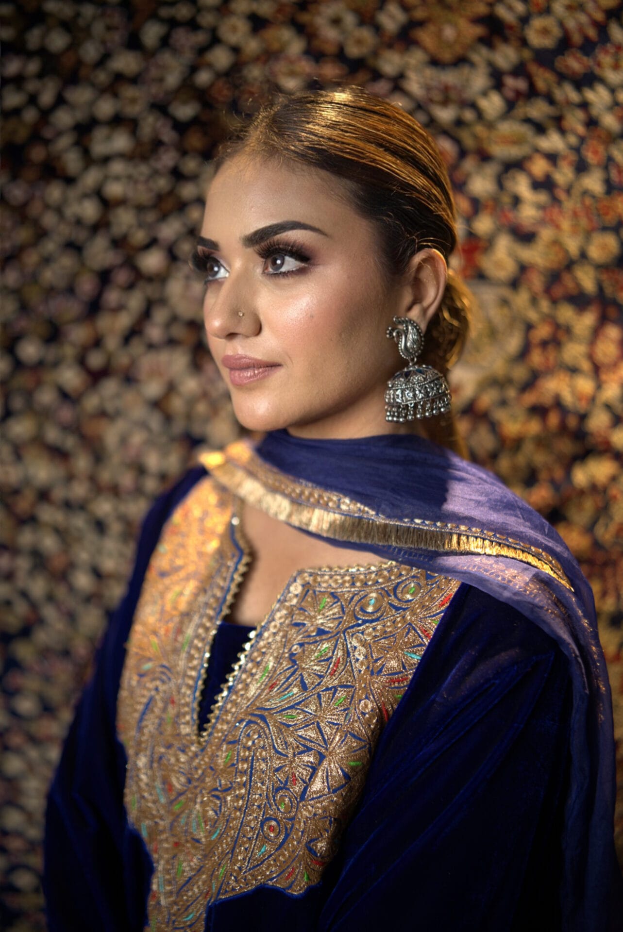 Royal Blue Tilla Embroidered Pheran Salwar Organza Dupatta