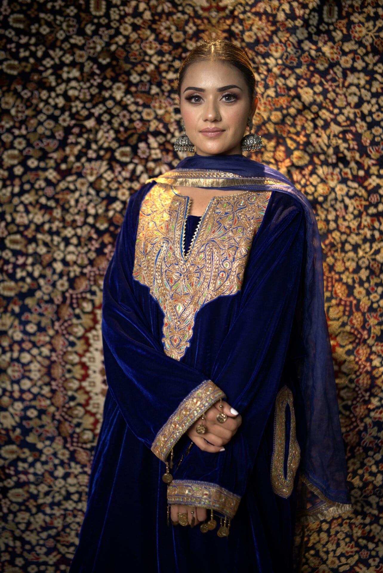 Royal Blue Tilla Embroidered Pheran Salwar Organza Dupatta