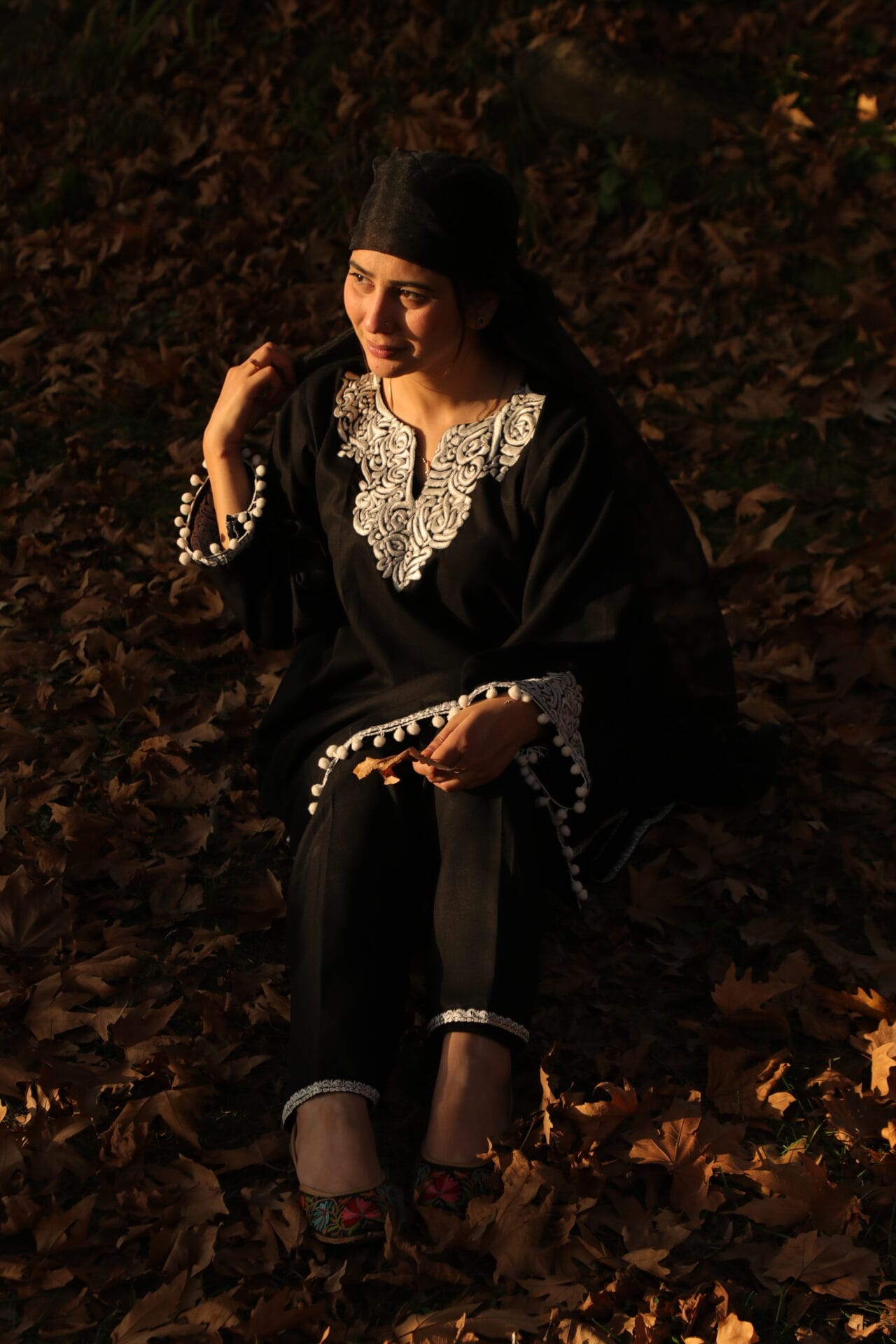 Black Thread Embroidered Pheran Salwar Organza Dupatta