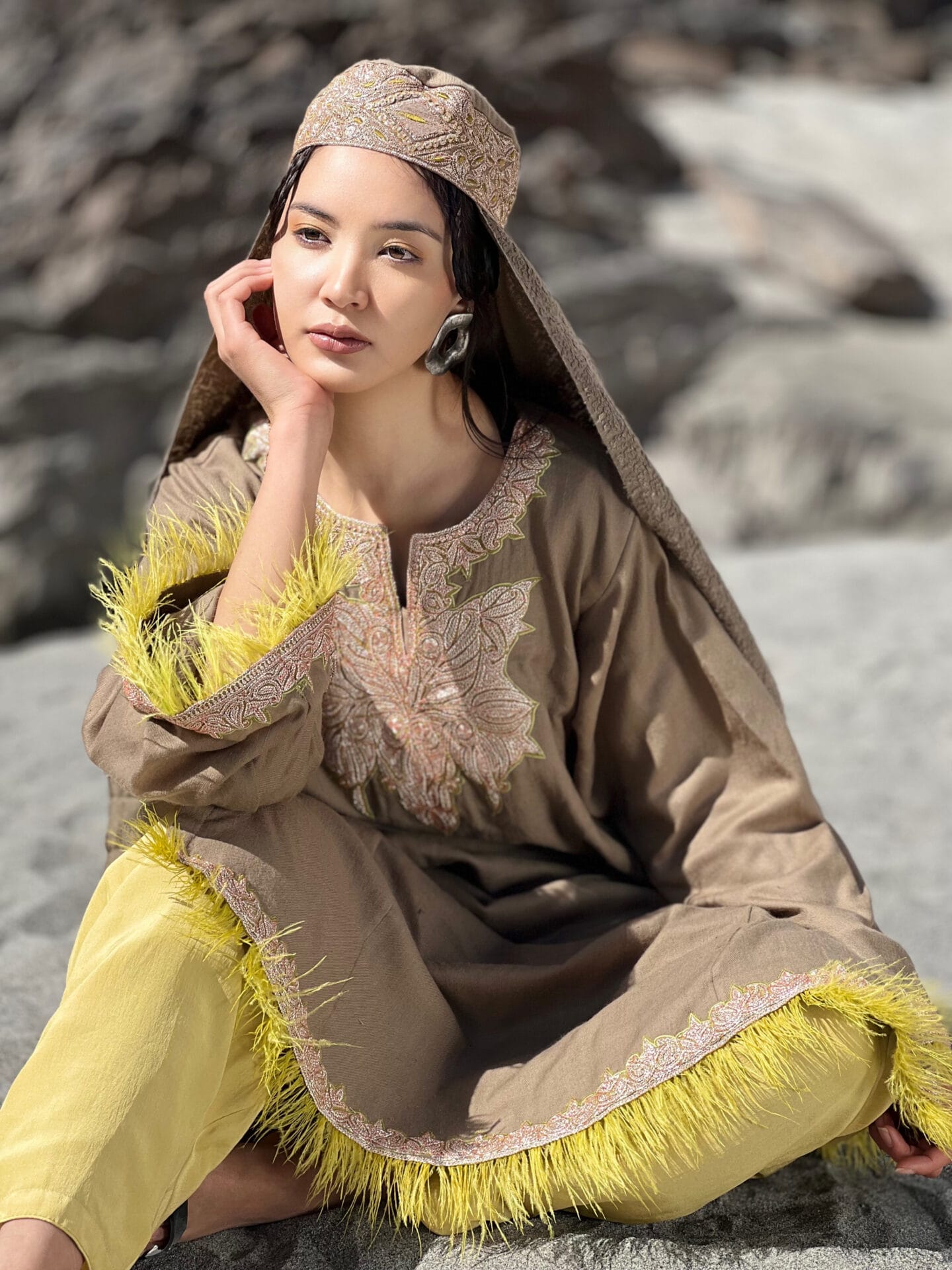 Neutral Beige Hand Embroidered Pheran Salwar Stole