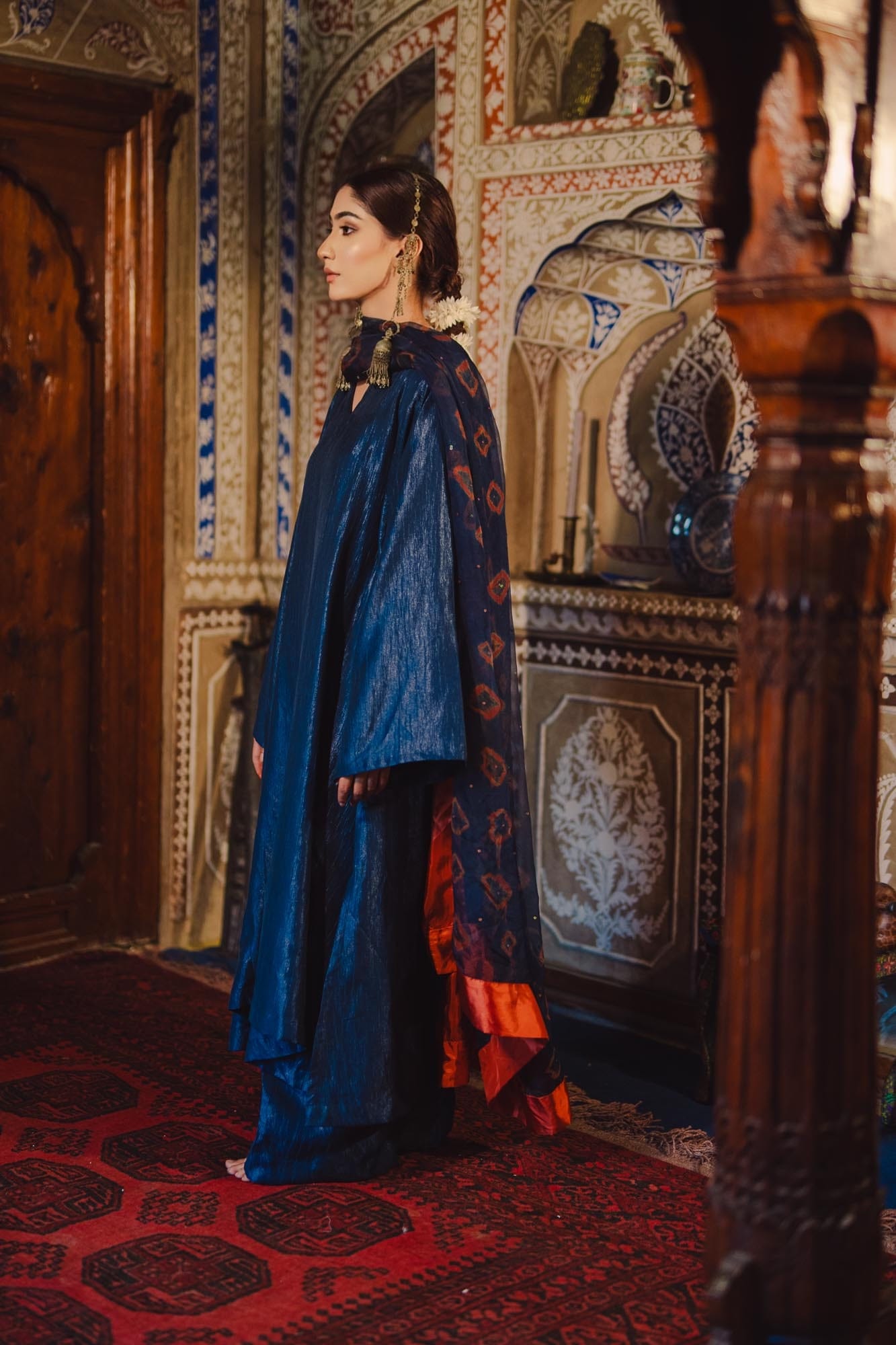 Blue Pheran Pant Organza Bandhani Dupatta