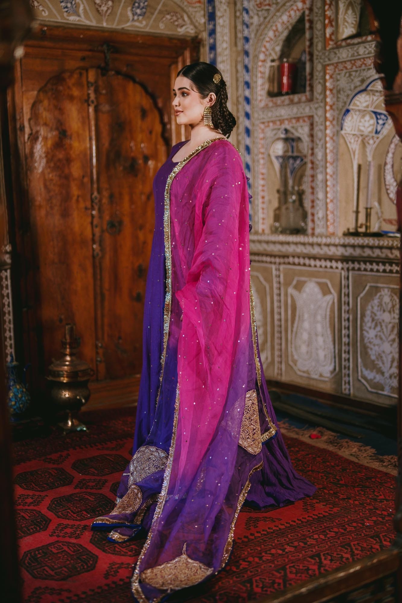 Purple Chandheri Mukaish Anarkali Organza Kamdani Tilla Embroidered Dupatta