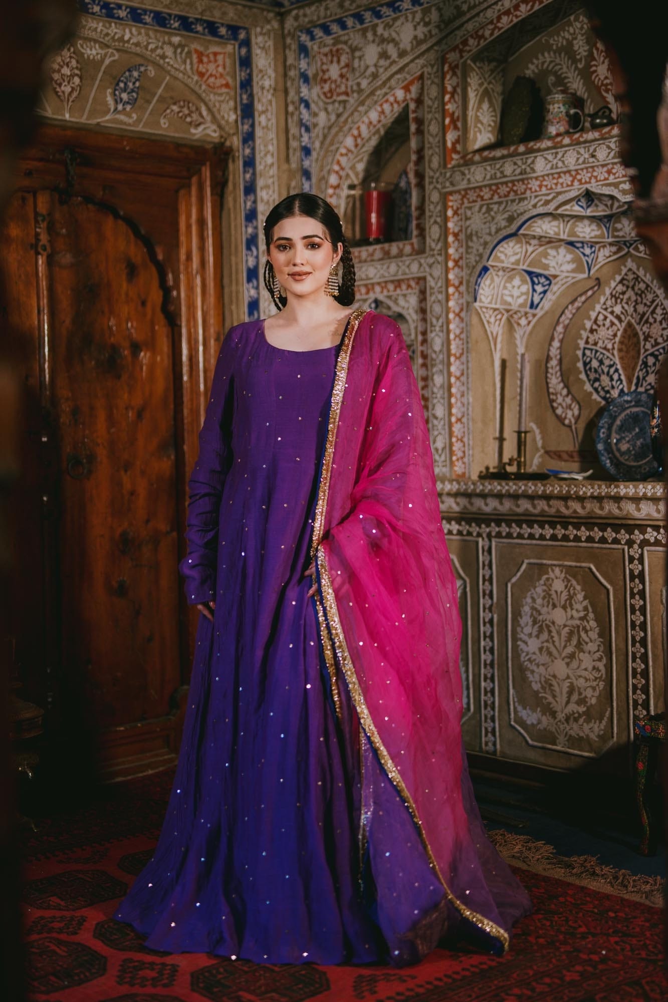 Purple Chandheri Mukaish Anarkali Organza Kamdani Tilla Embroidered Dupatta