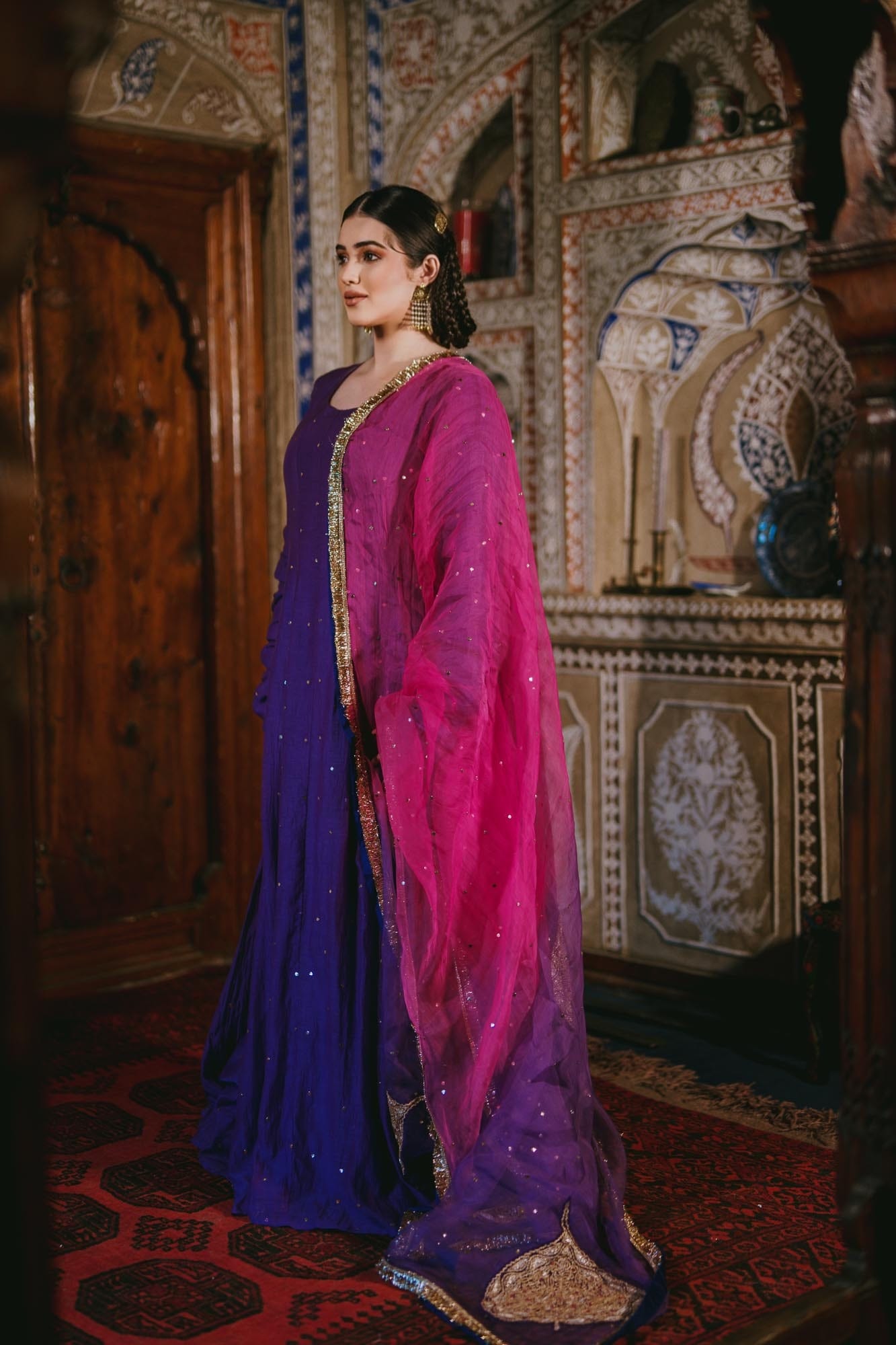 Purple Chandheri Mukaish Anarkali Organza Kamdani Tilla Embroidered Dupatta