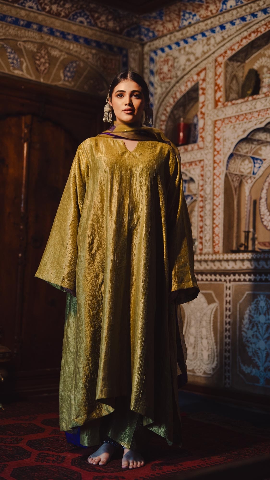 Olive Pheran Pant Organza Bandhani Dupatta