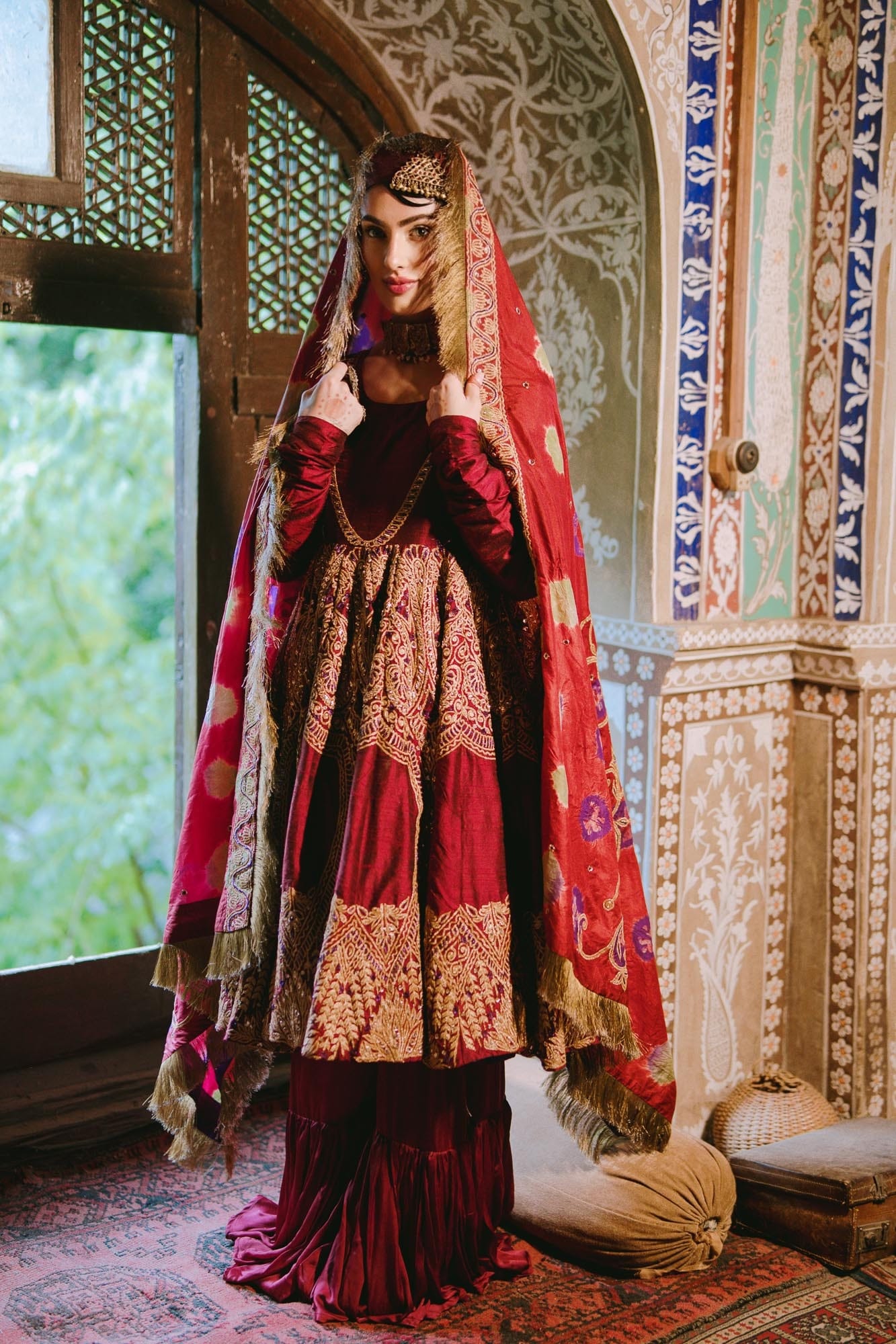 Maroon Raw Silk Kalidar Bandhani Dupatta Gharara