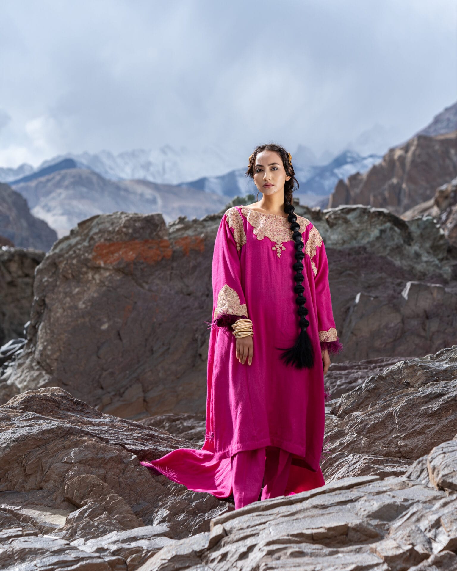 Hot Pink Purple Hand Embroidered Pheran Salwar Pashmina Stole