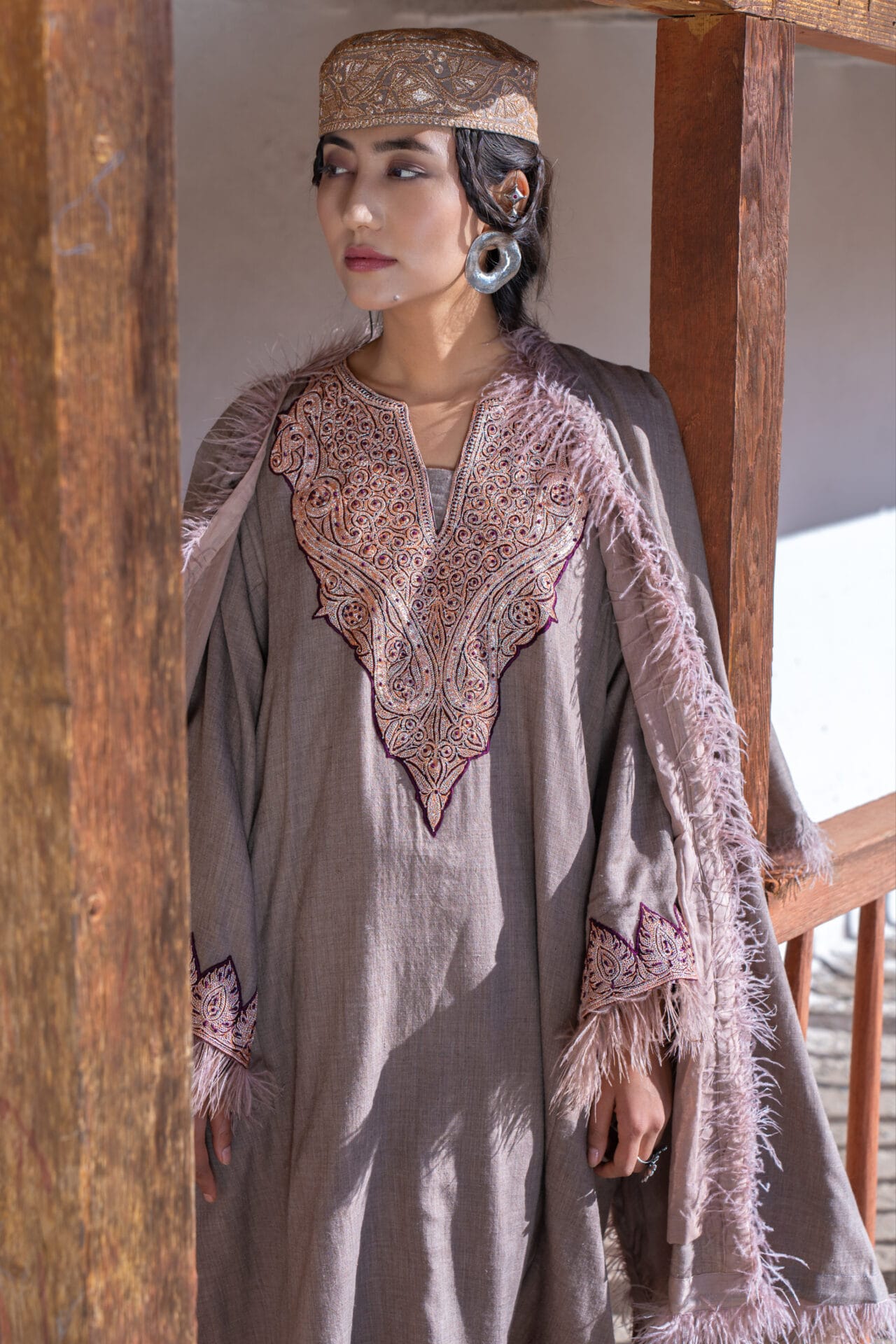 Beige Black Hand Embroidered Pheran Salwar Stole
