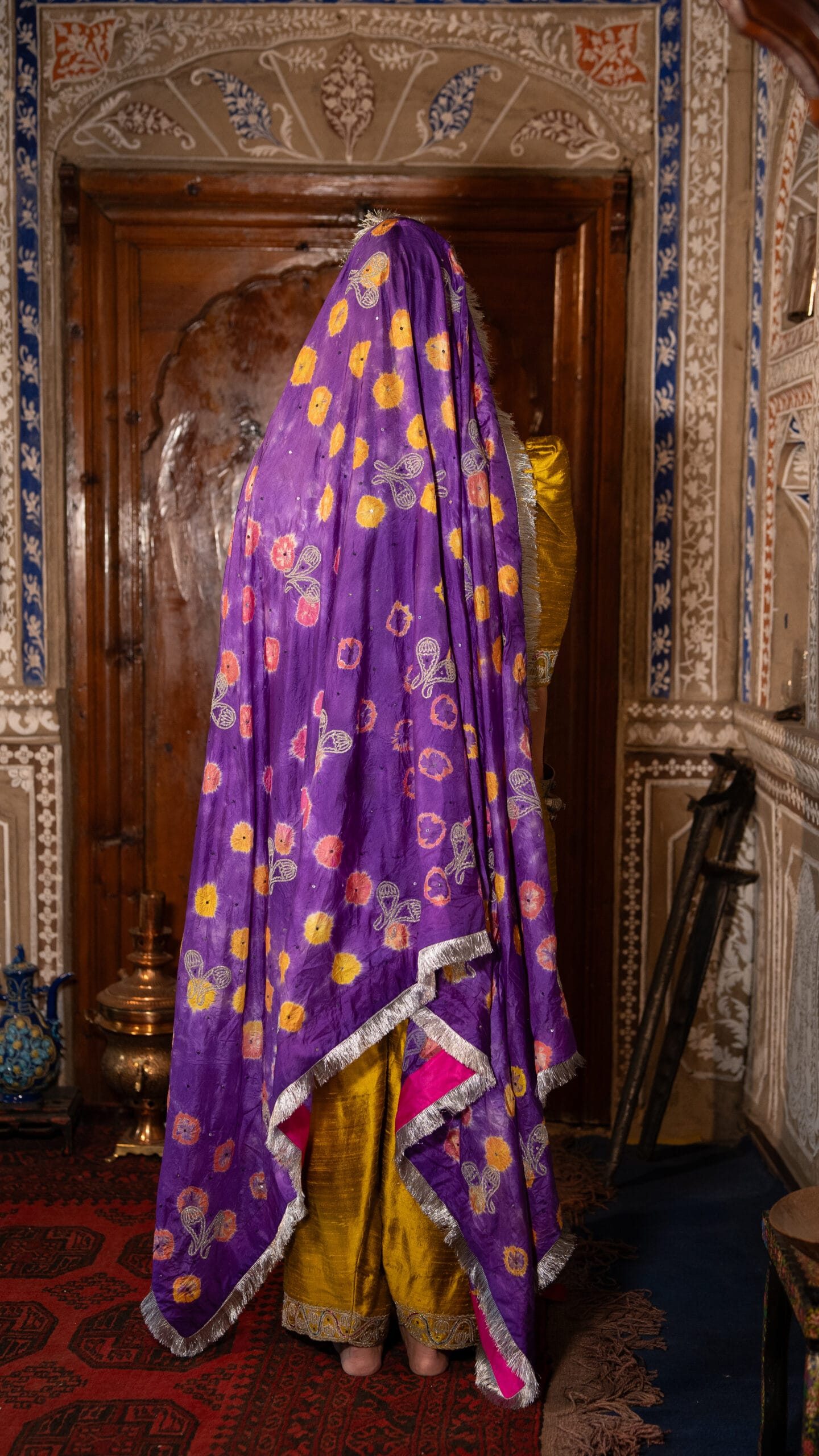 Lime Yellow Raw Silk Puff Sleeved Kurta Farshi Salwar Bandhani Dupatta