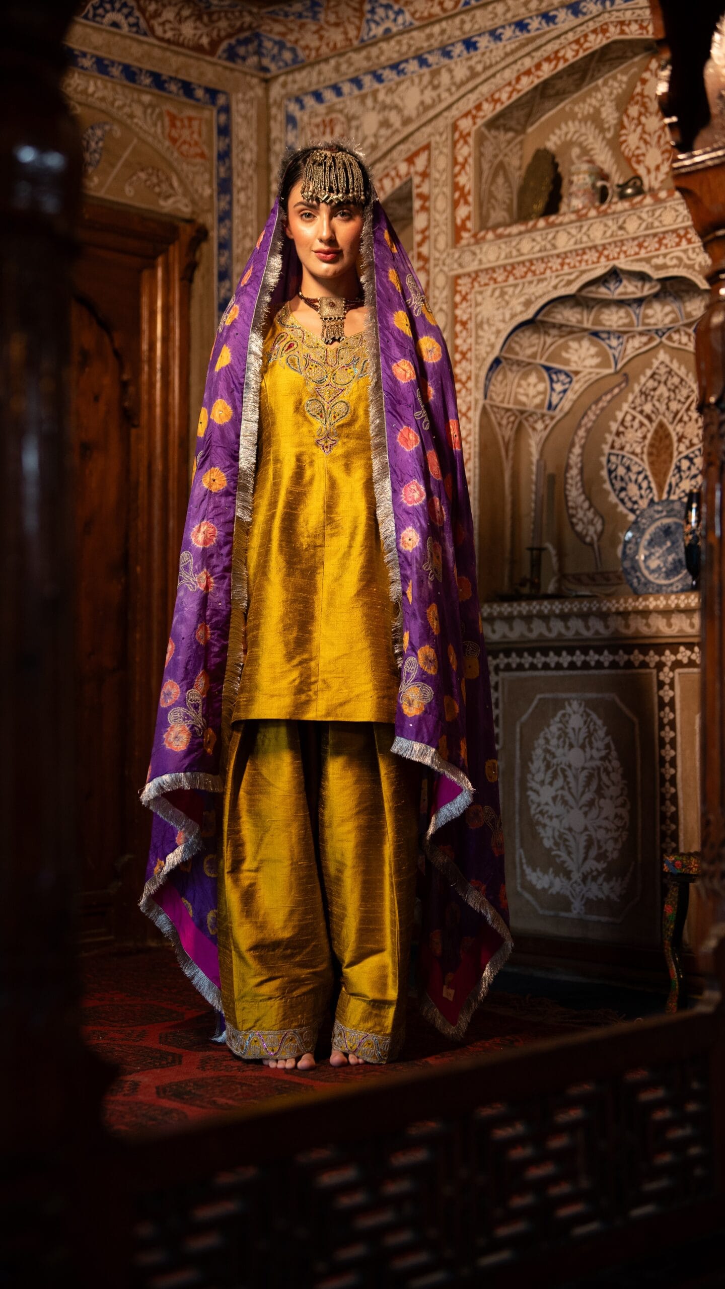 Lime Yellow Raw Silk Puff Sleeved Kurta Farshi Salwar Bandhani Dupatta