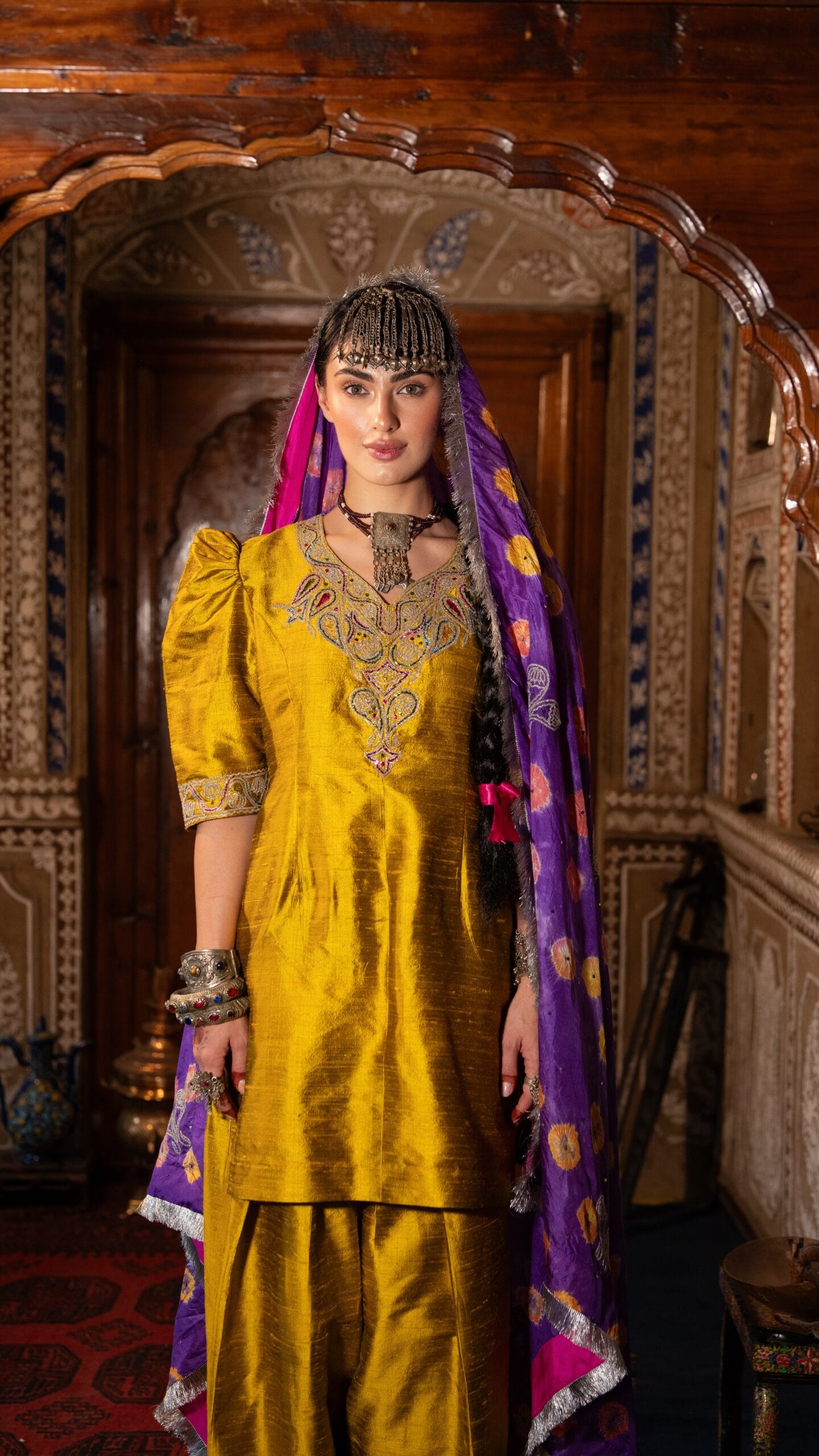 Lime Yellow Raw Silk Puff Sleeved Kurta Farshi Salwar Bandhani Dupatta