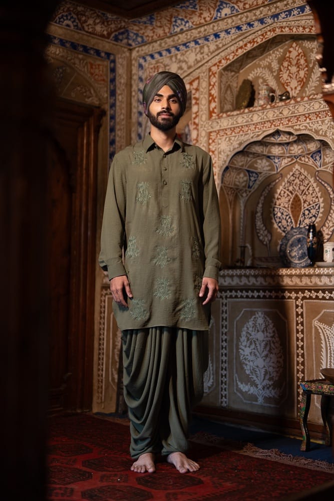 Olive Ari Embroidered Kurta Dhoti Salwar