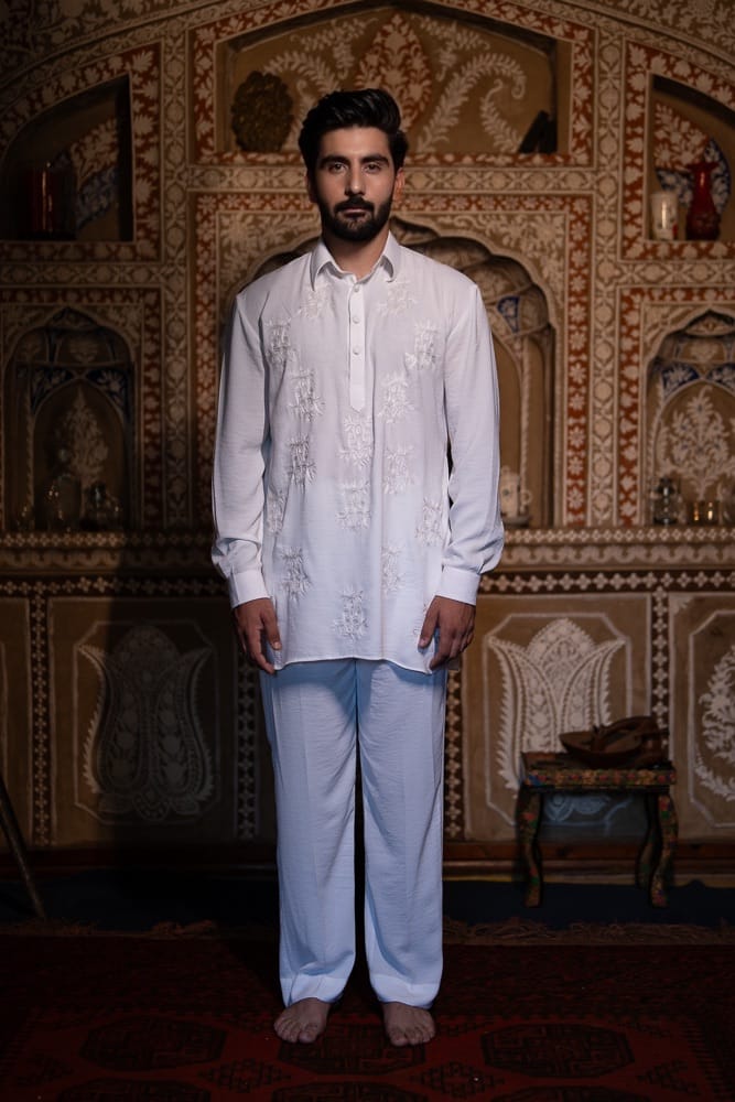 White Ari Embroidered Kurta Pant with Pastel Yellow Ari Embroidered Waistcoat