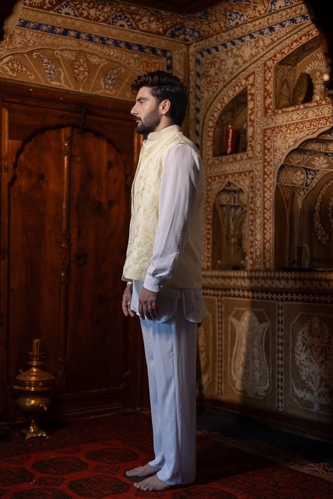 White Ari Embroidered Kurta Pant with Pastel Yellow Ari Embroidered Waistcoat