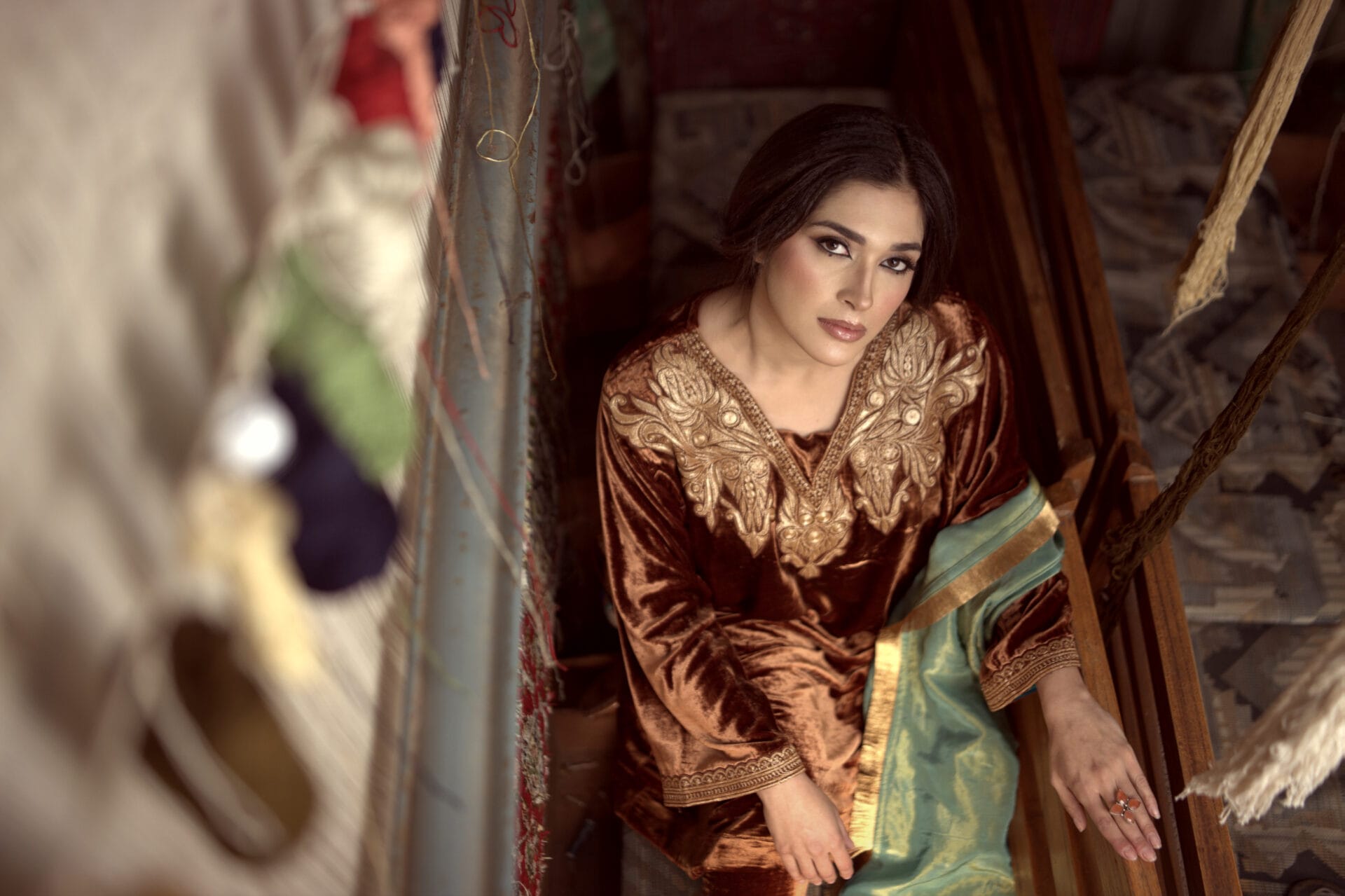 Rust Tilla Embroidered Pheran Salwar Tissue Dupatta