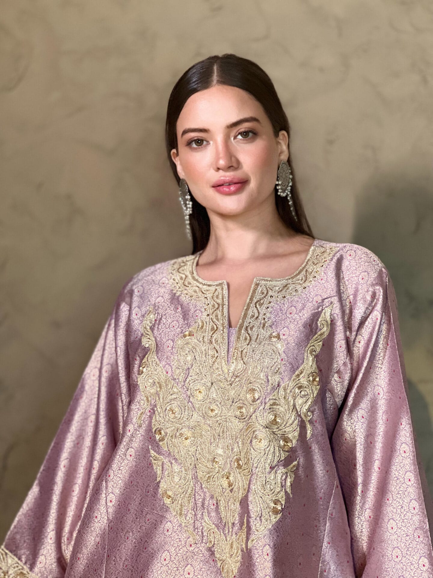 Lilac Zarbaft Tilla and Dabka Embroidered Round Pheran Salwar