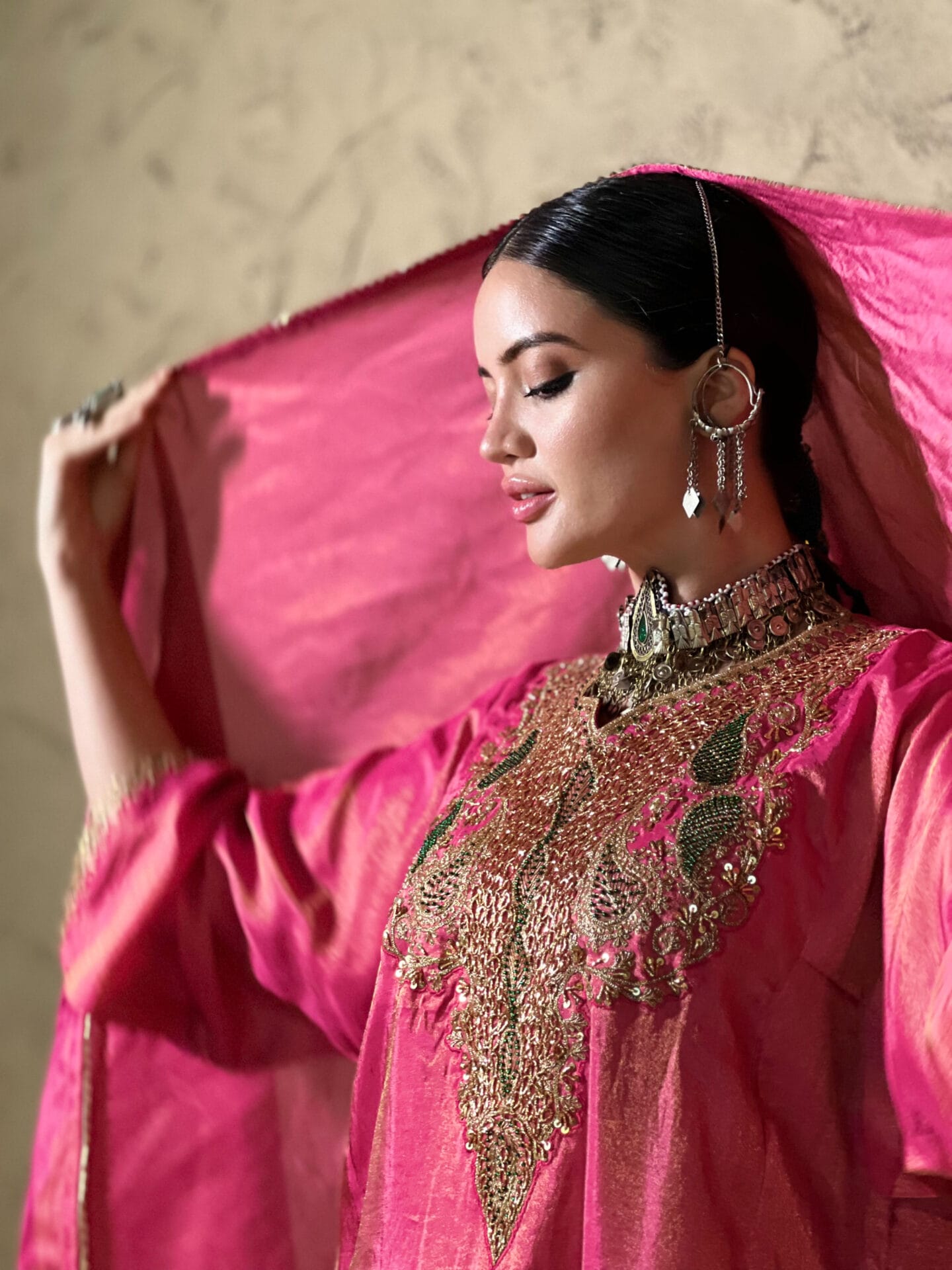 Hot Pink Hand Embroidered Pheran Salwar Tissue Dupatta