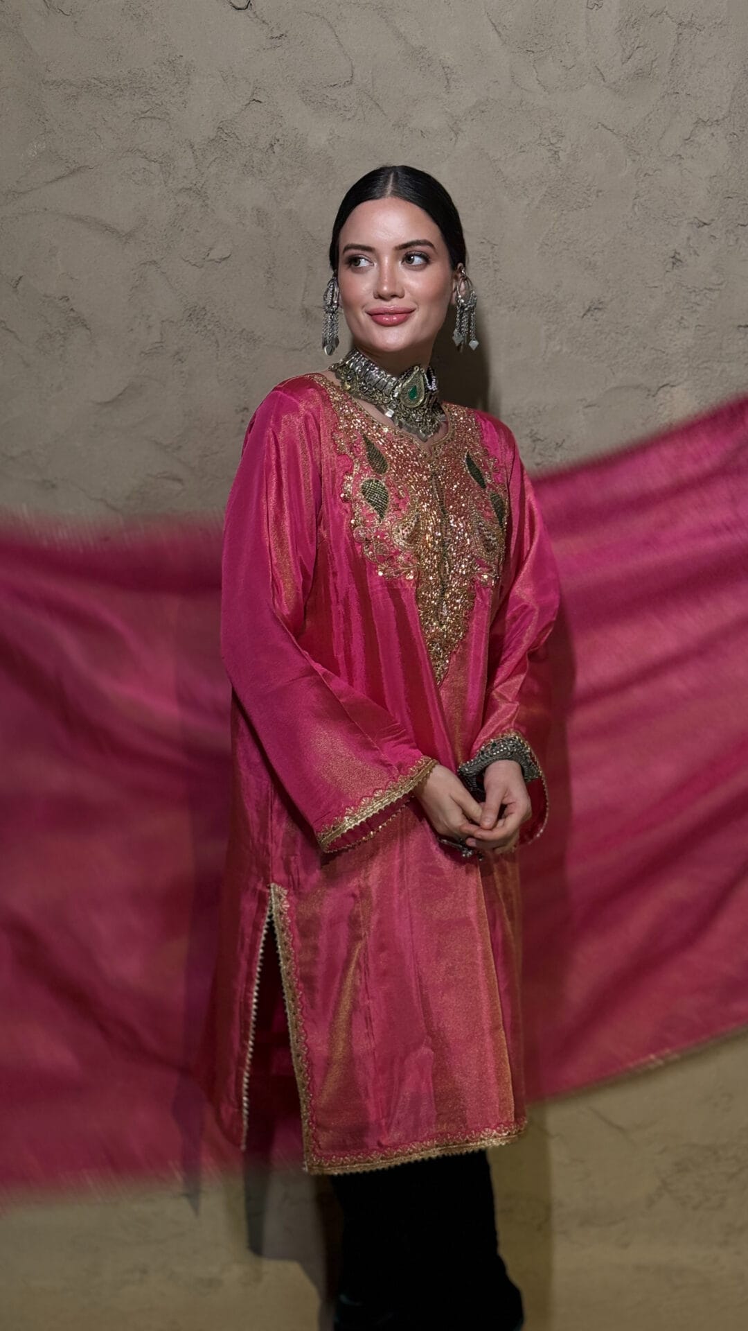 Hot Pink Hand Embroidered Pheran Salwar Tissue Dupatta