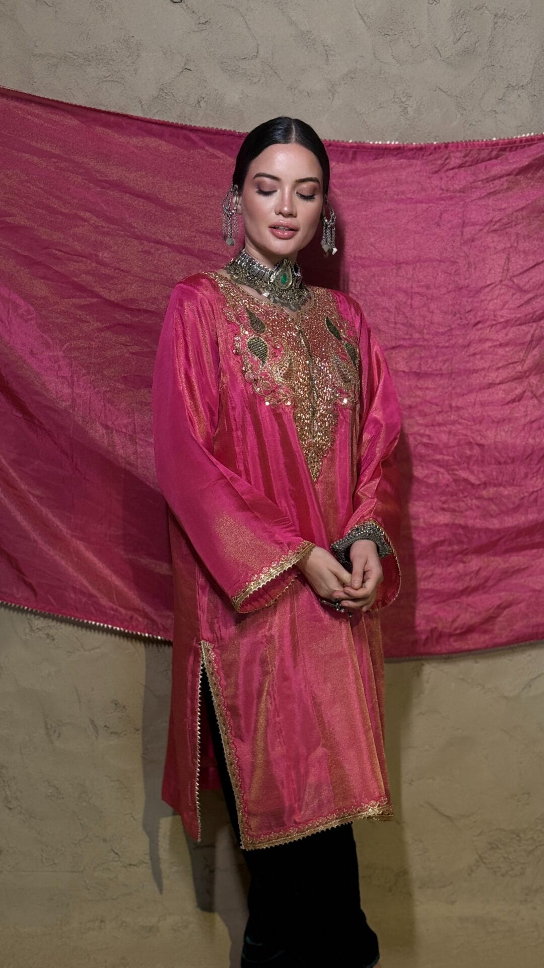 Hot Pink Hand Embroidered Pheran Salwar Tissue Dupatta