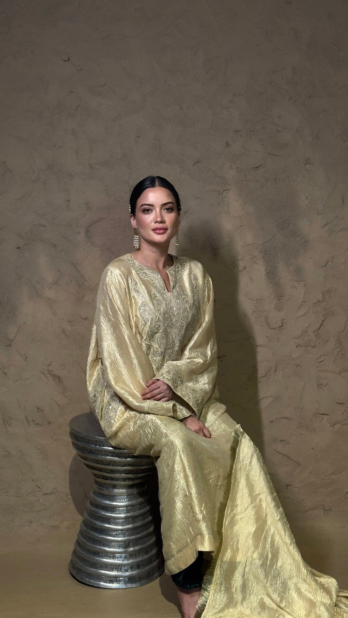 Water Gold Shimmer Tilla Embroidered Round Pheran Salwar