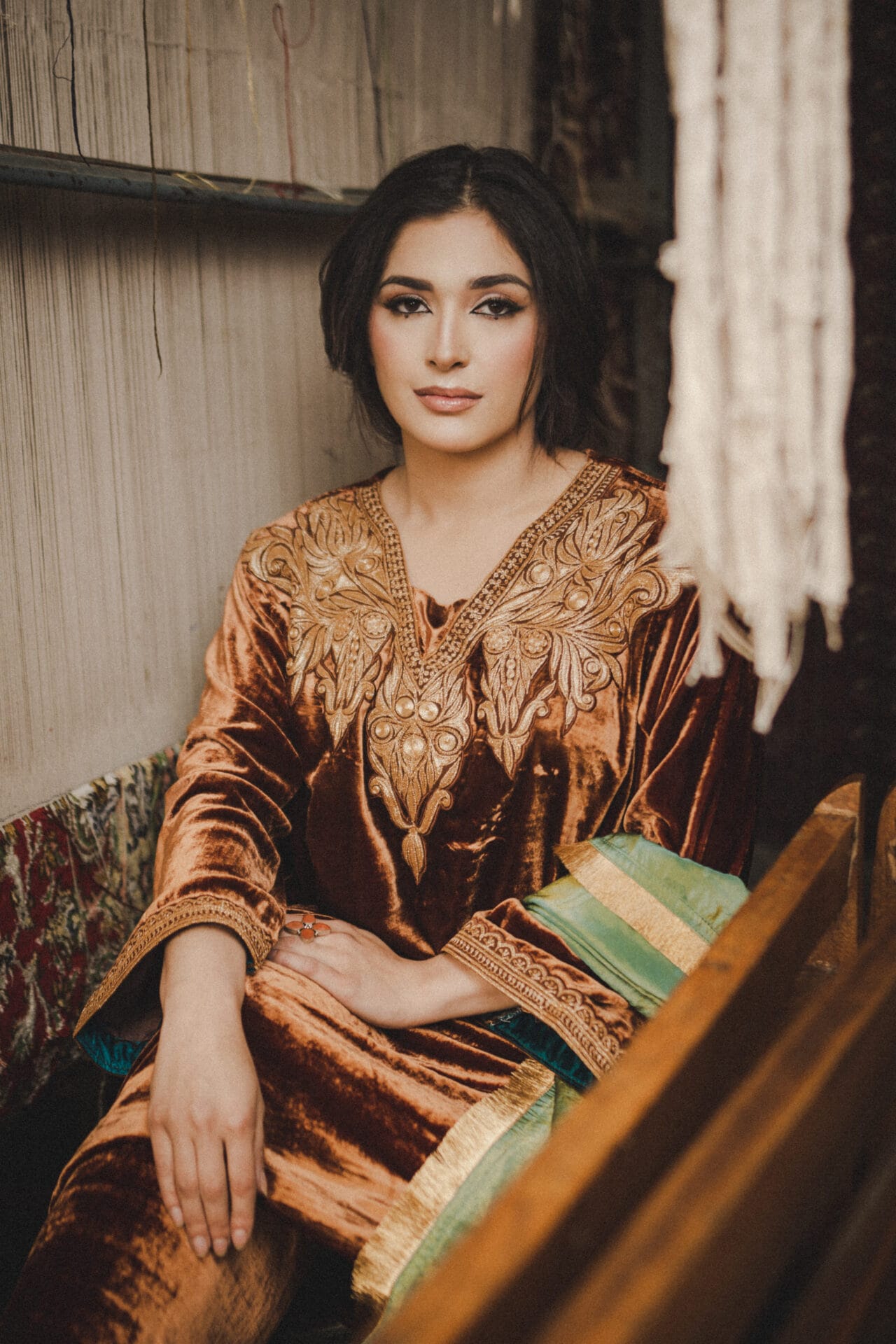 Rust Tilla Embroidered Pheran Salwar Tissue Dupatta