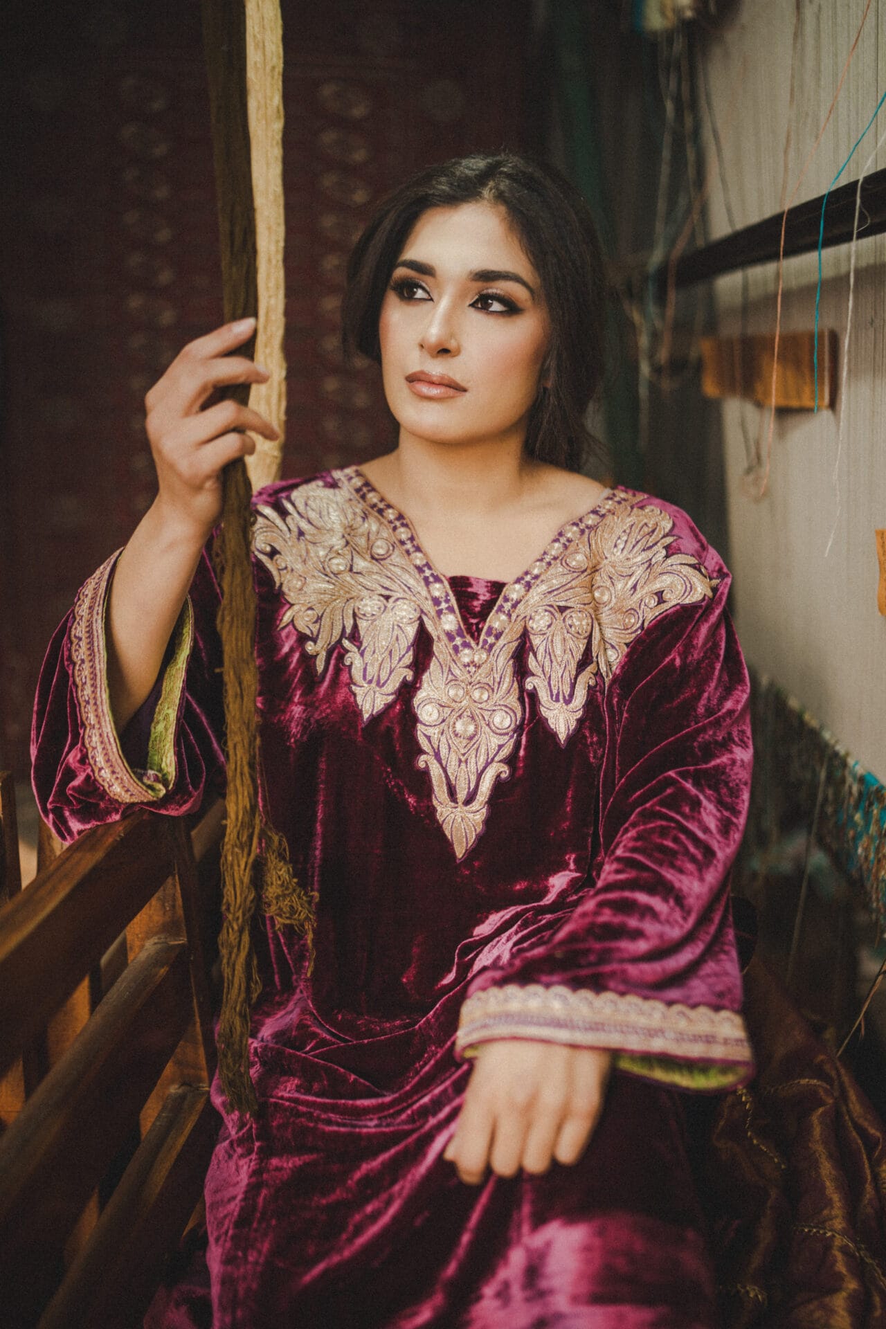 Wine Tilla Embroidered Pheran Salwar Tissue Dupatta