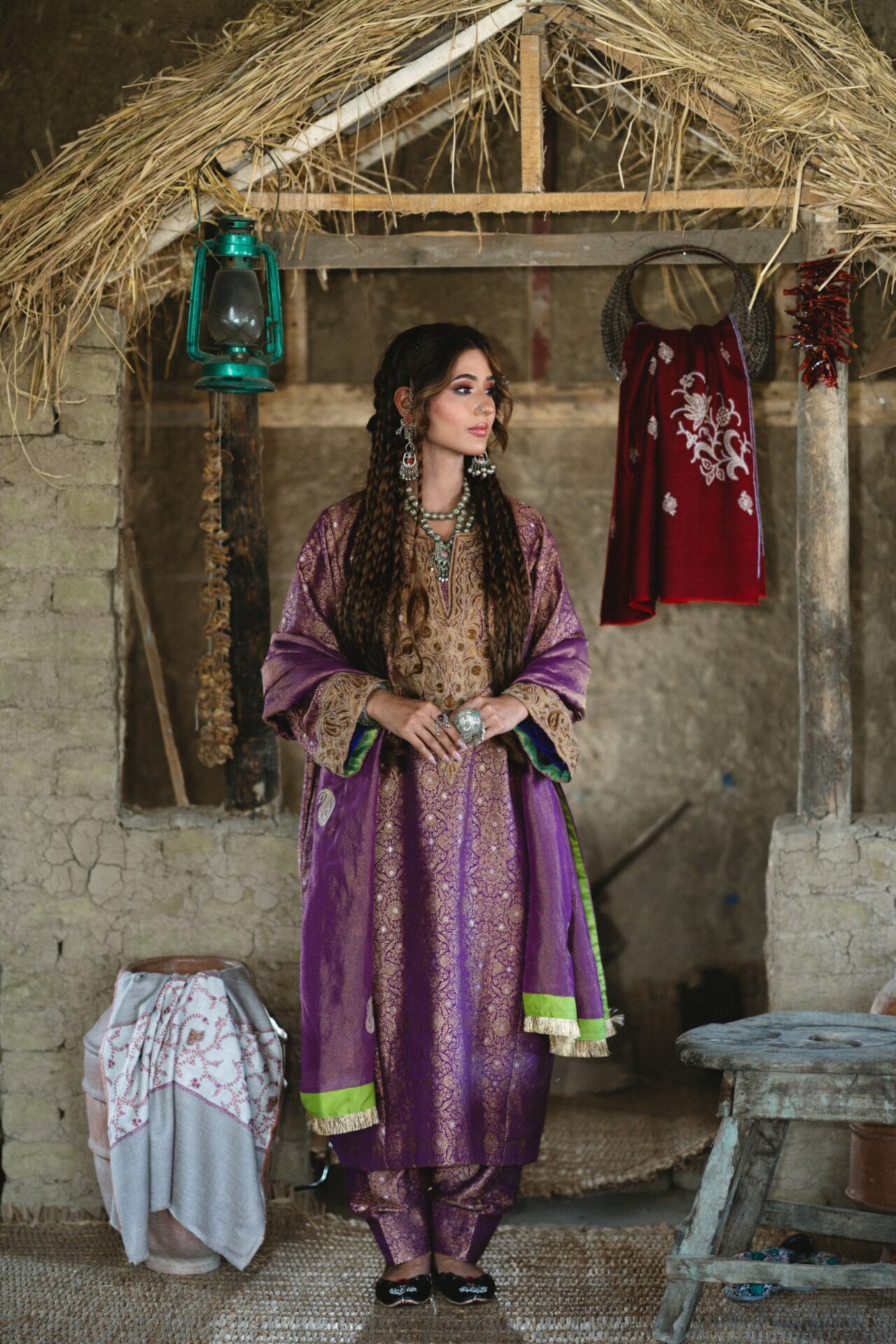 Purple Zarbaft Tilla and Dabka Embroidered Round Pheran Salwar