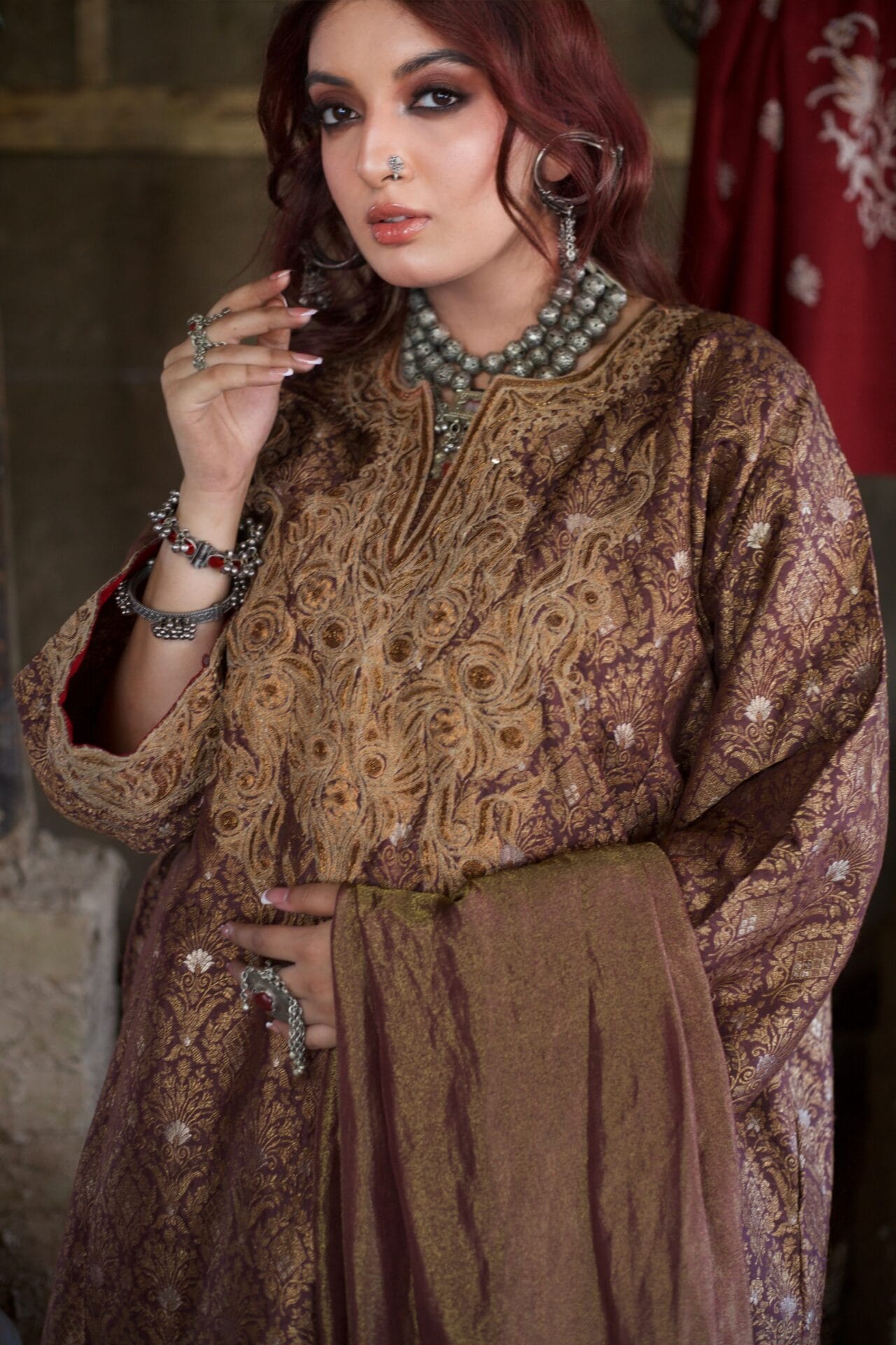 Brown Zarbaft Tilla and Dabka Embroidered Round Pheran Salwar