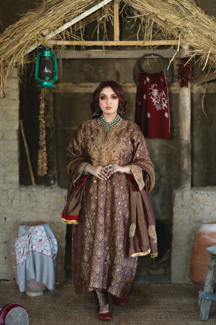 Brown Zarbaft Tilla and Dabka Embroidered Round Pheran Salwar