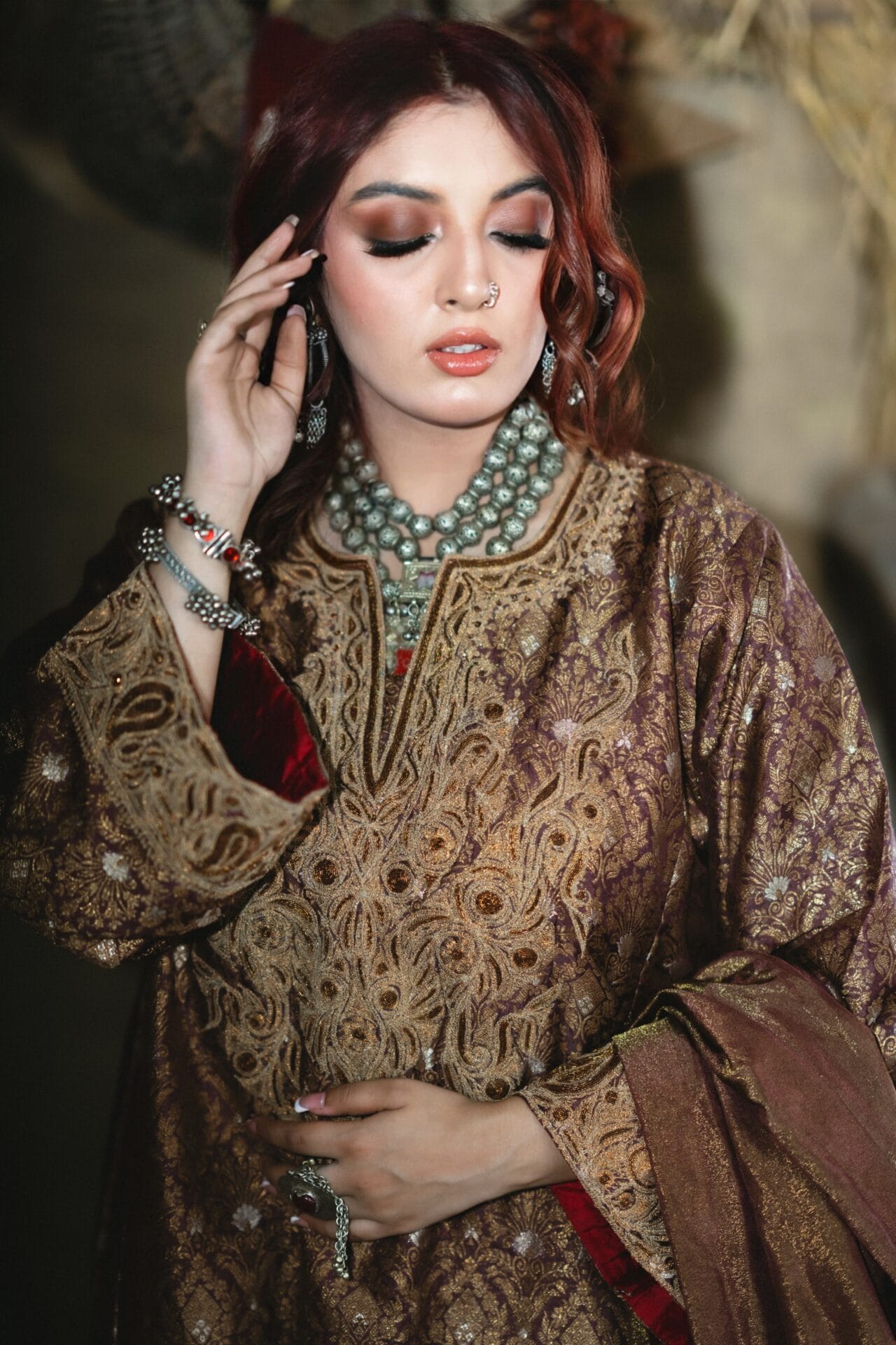 Brown Zarbaft Tilla and Dabka Embroidered Round Pheran Salwar