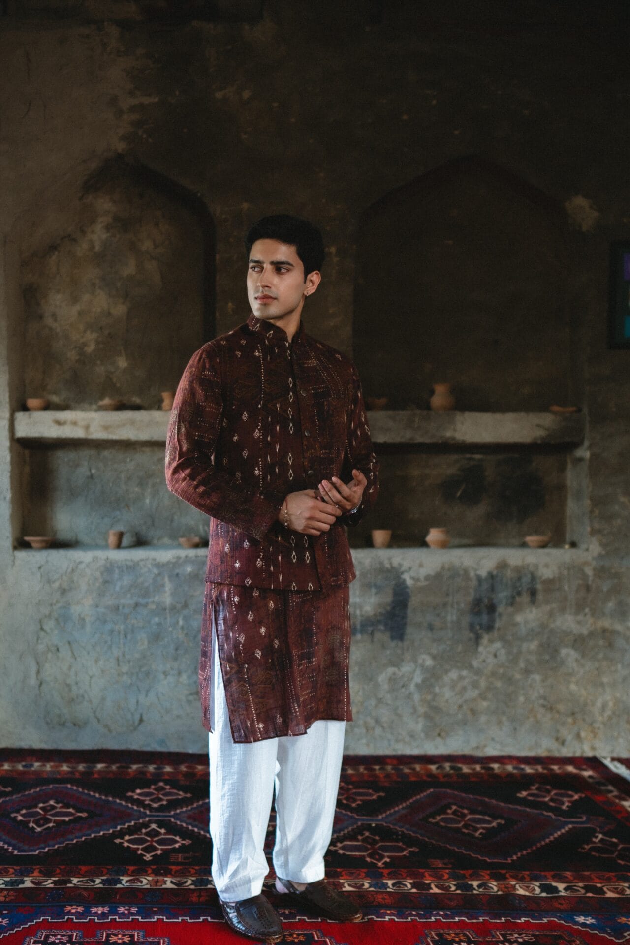 Brown Ajrakh Printed Waistcoat set
