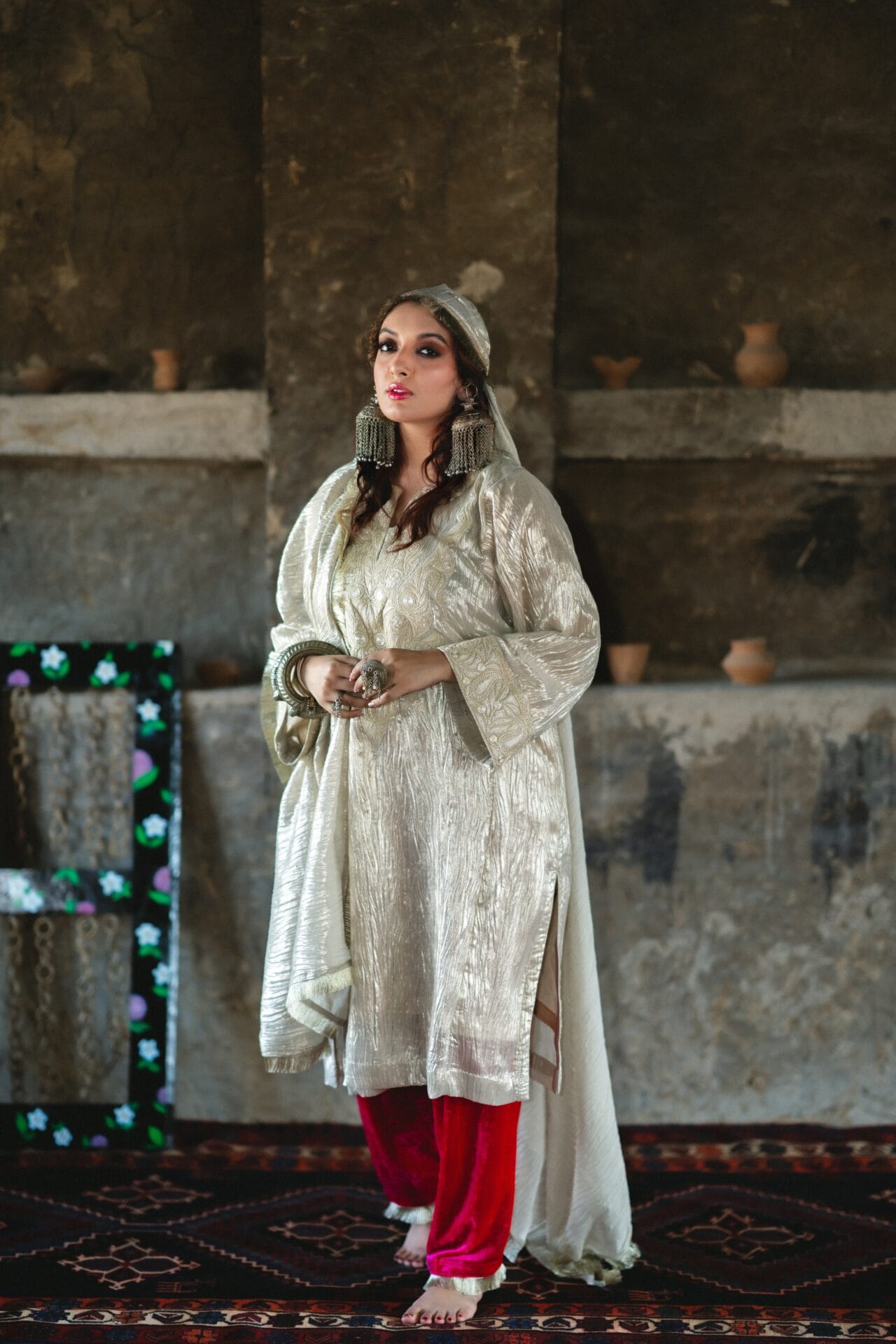 Pearl White Shimmer Tilla Embroidered Pheran Salwar
