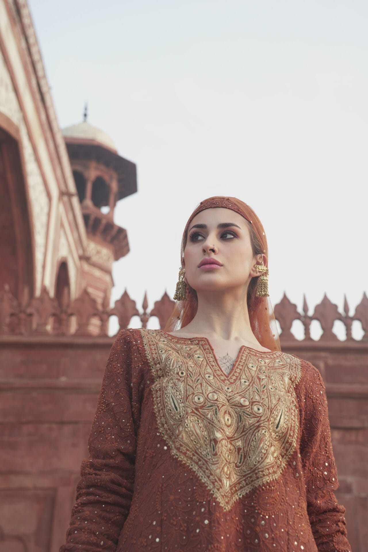 Rust Tilla Embroidered Kurta Palazzo Net Mukaish Dupatta
