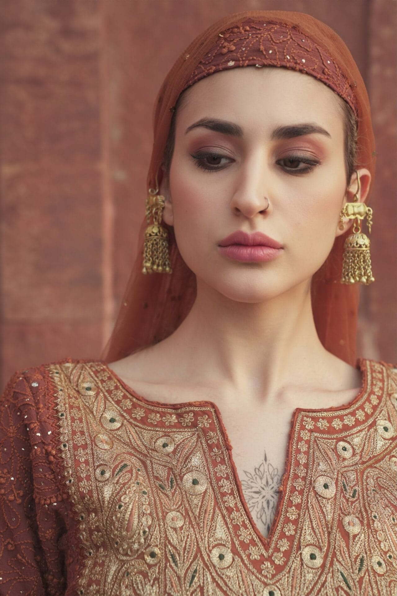 Rust Tilla Embroidered Kurta Palazzo Net Mukaish Dupatta