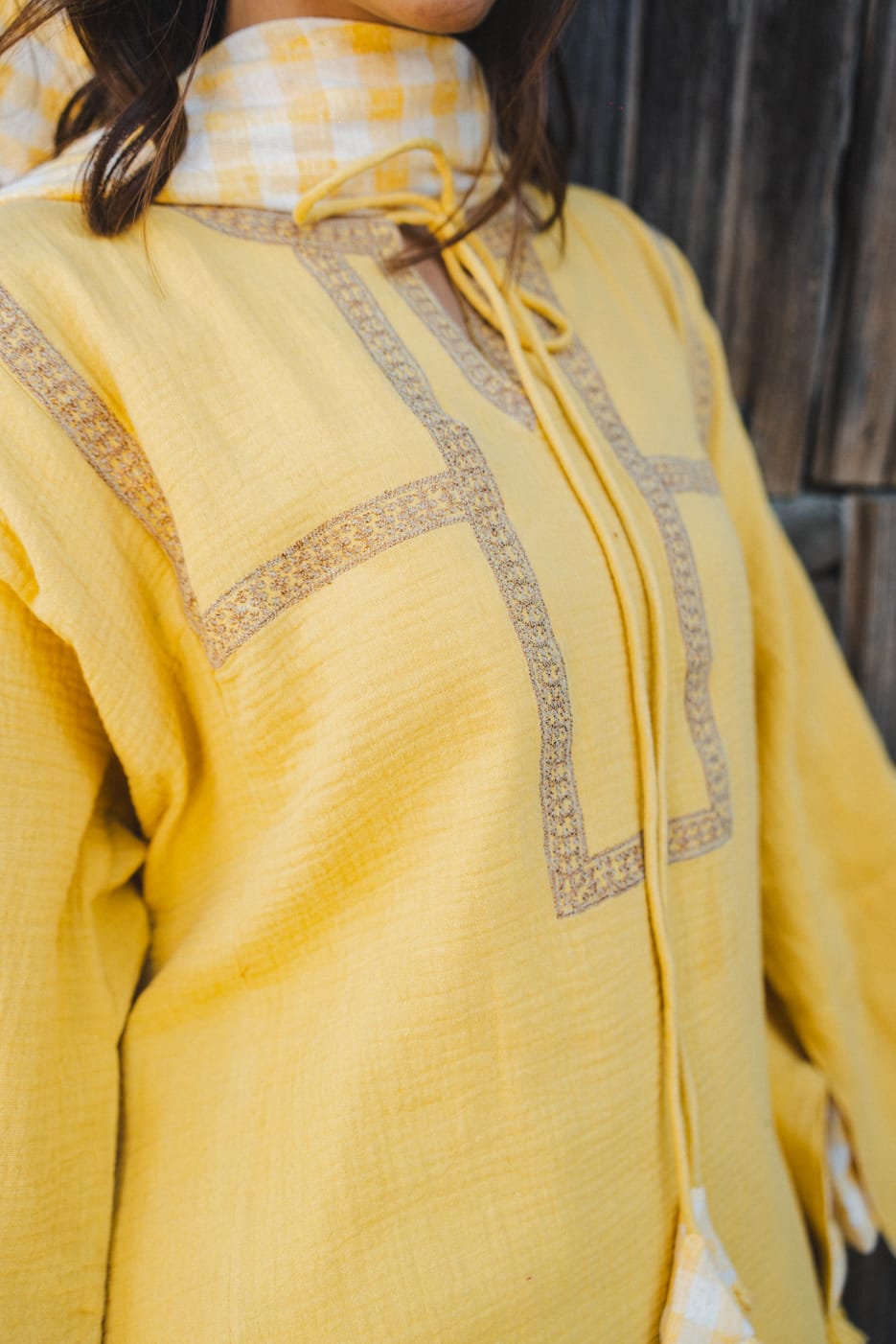 Yellow Pheran Check Inner Farshi Salwar Check Dupatta