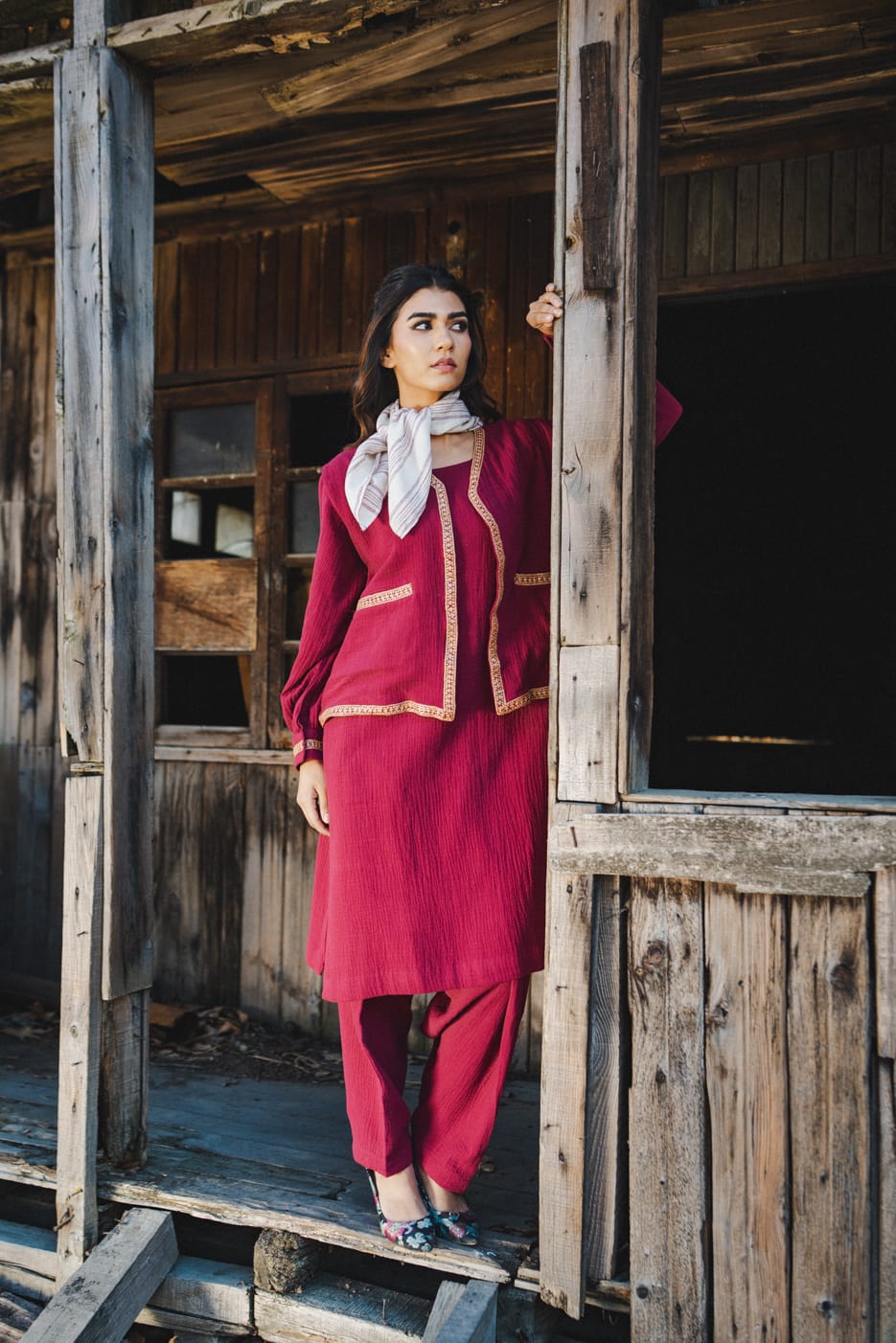 Maroon Tilla Embroidered Kurta Salwar Waistcoat