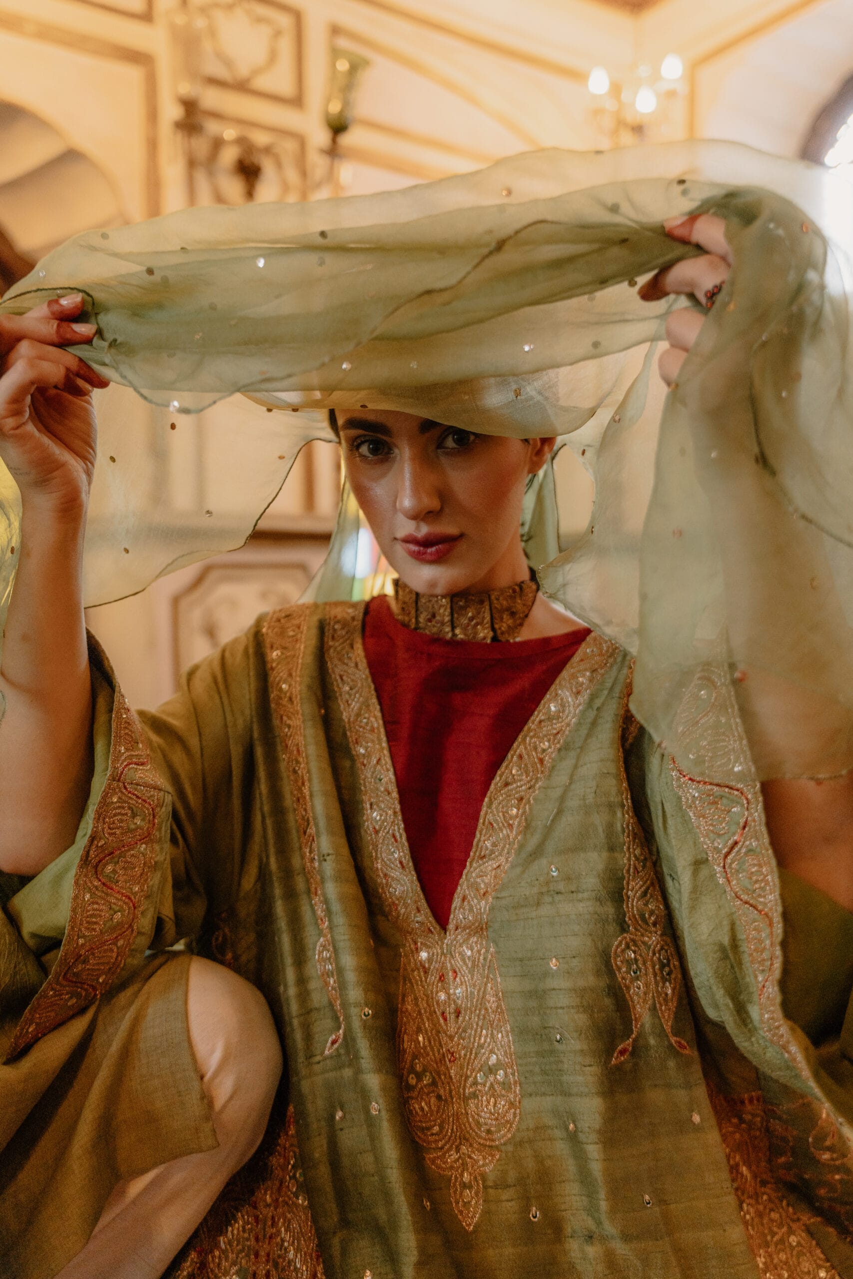 Green  Raw Silk Kalidar Pheran Bandhani Dupatta Sharara