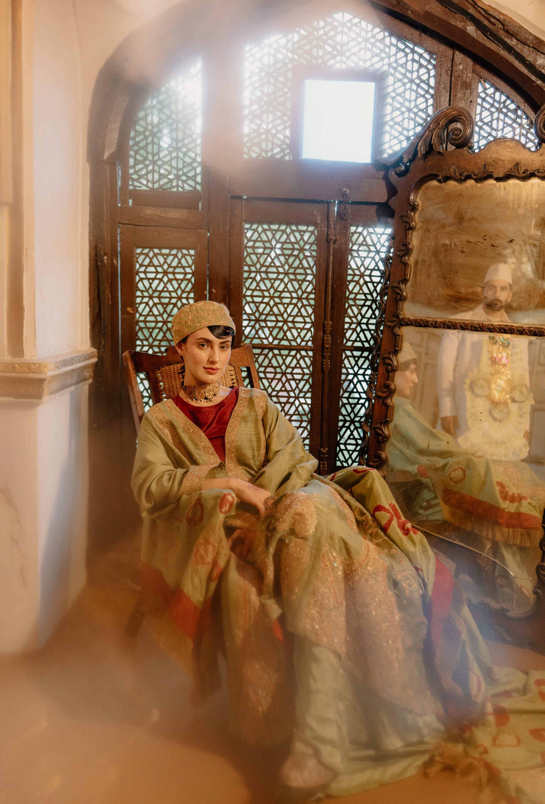 Green  Raw Silk Kalidar Pheran Bandhani Dupatta Sharara
