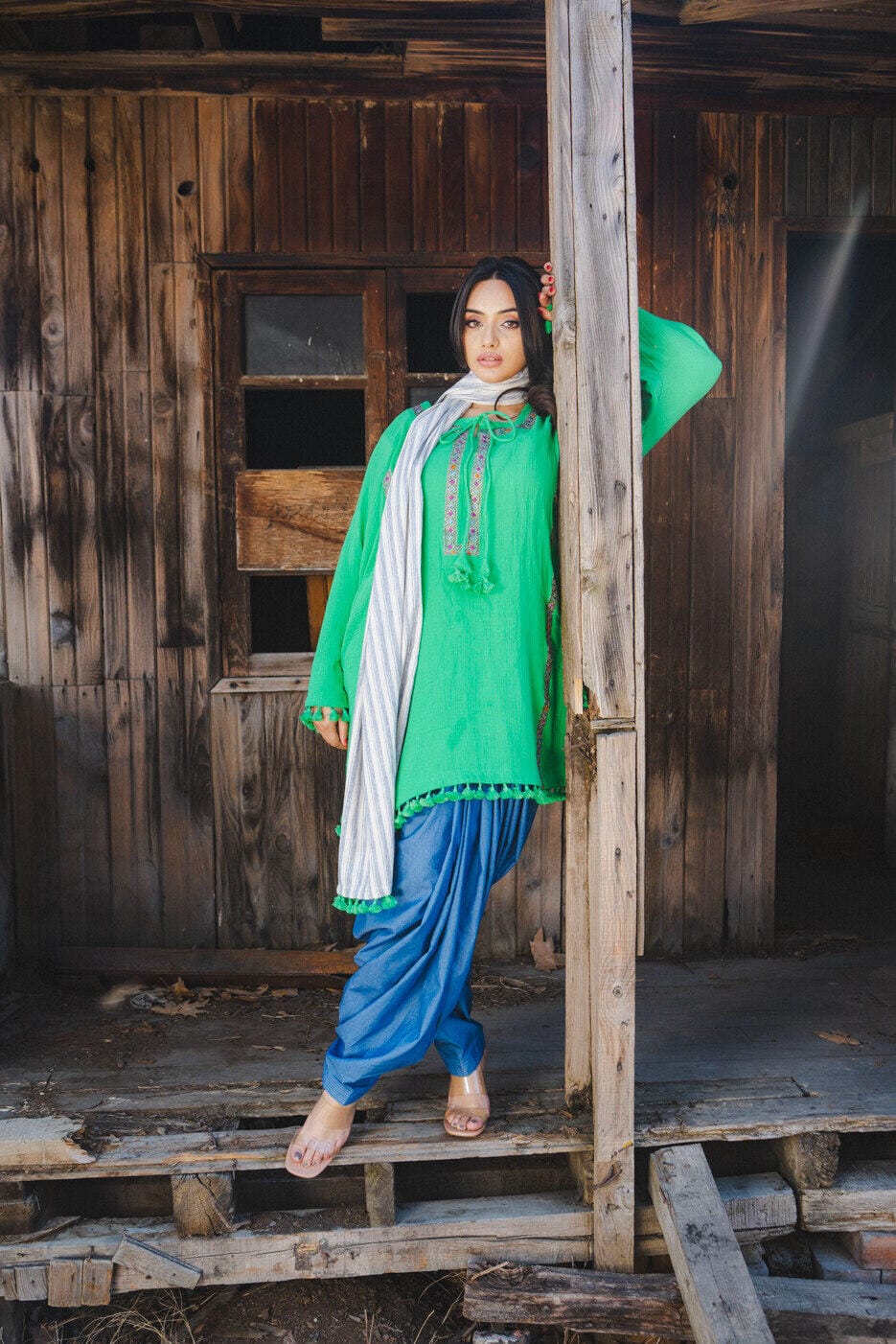 Green Pheran Dhoti Salwar Check Dupatta